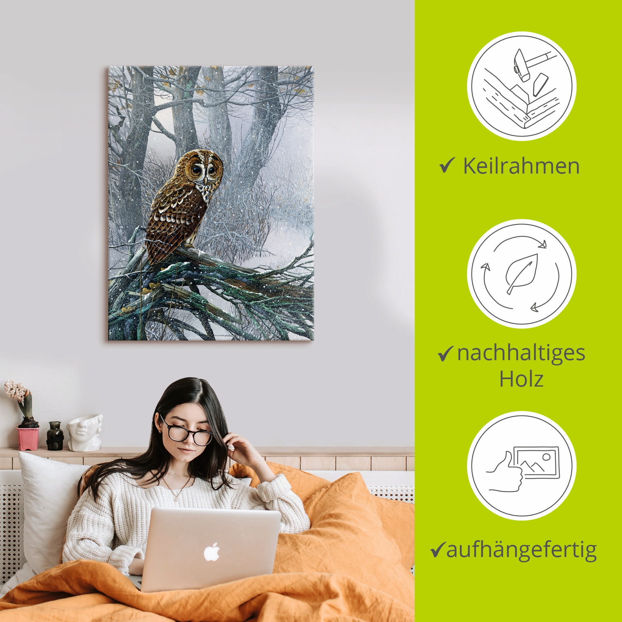 Artland Wandbild »Eule in verschneitem Wald«, Vögel, (1 St.), als Leinwandbild, Poster in verschied. Größen