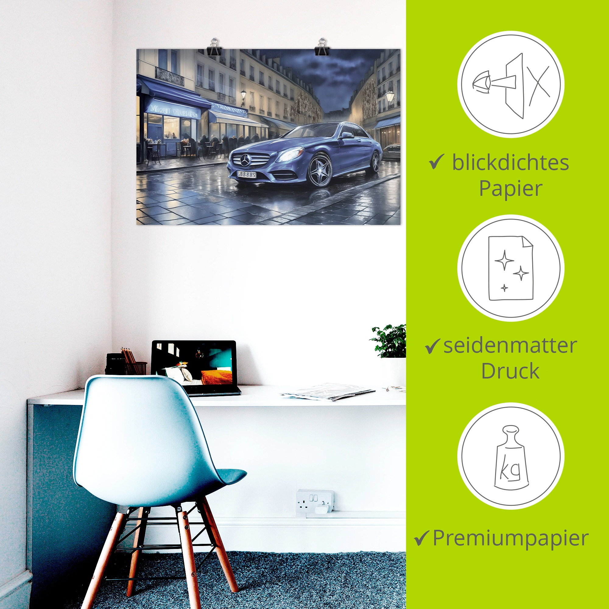 Wandbild ARTLAND "Mit dem Mercedes nach Paris", farbe bild(er): blau, B:90cm H:60cm, Papier, Bilder, als Alubild, Leinwandbild, Poster, Wandaufkleber in verschied. Größen 2