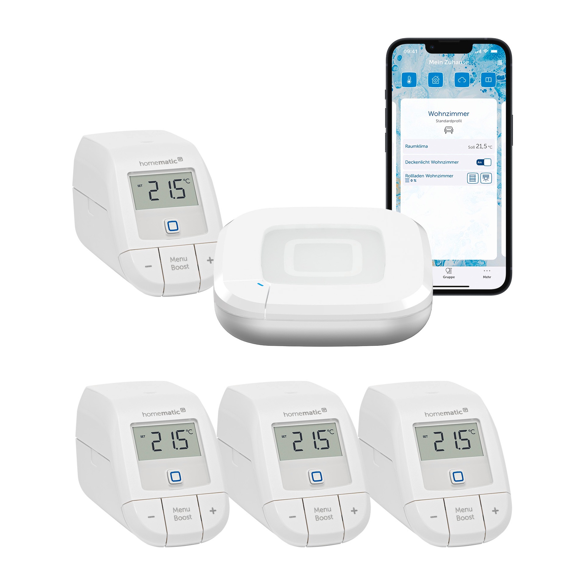 HOMEMATIC IP Heizkörperthermostat "Starter Bundle Heizen Basic für 4 Heizkörper", B:31cm H:12cm T:37cmweiß, Heizkörperthermostate