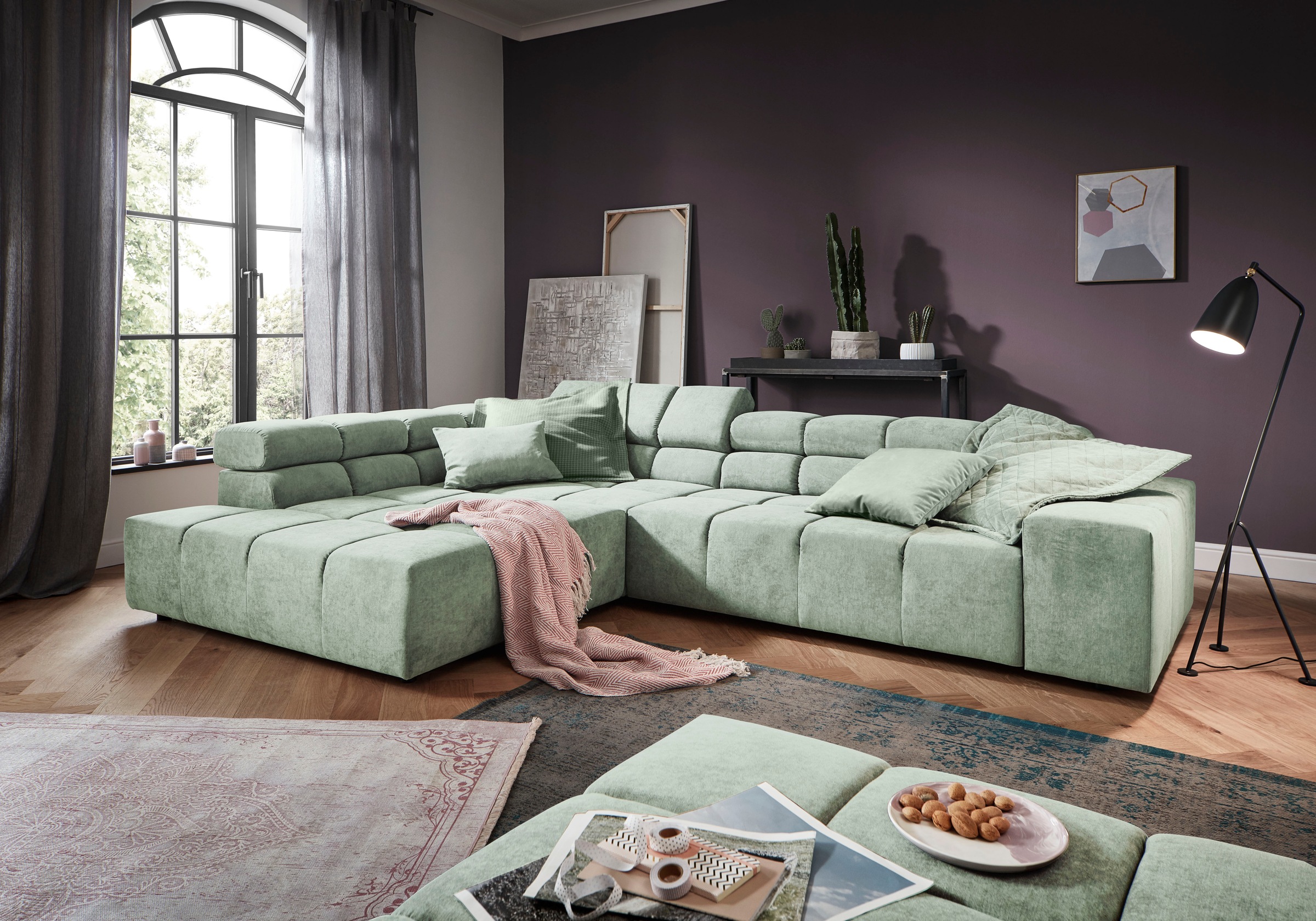 Home affaire Ecksofa "Ancona, Ecksofa, incl. Kopfteilverstellung, Breite 319 cm, L-Form" wahlweise motorische Sitztiefenverstellung, auch in Cord + Easy Care