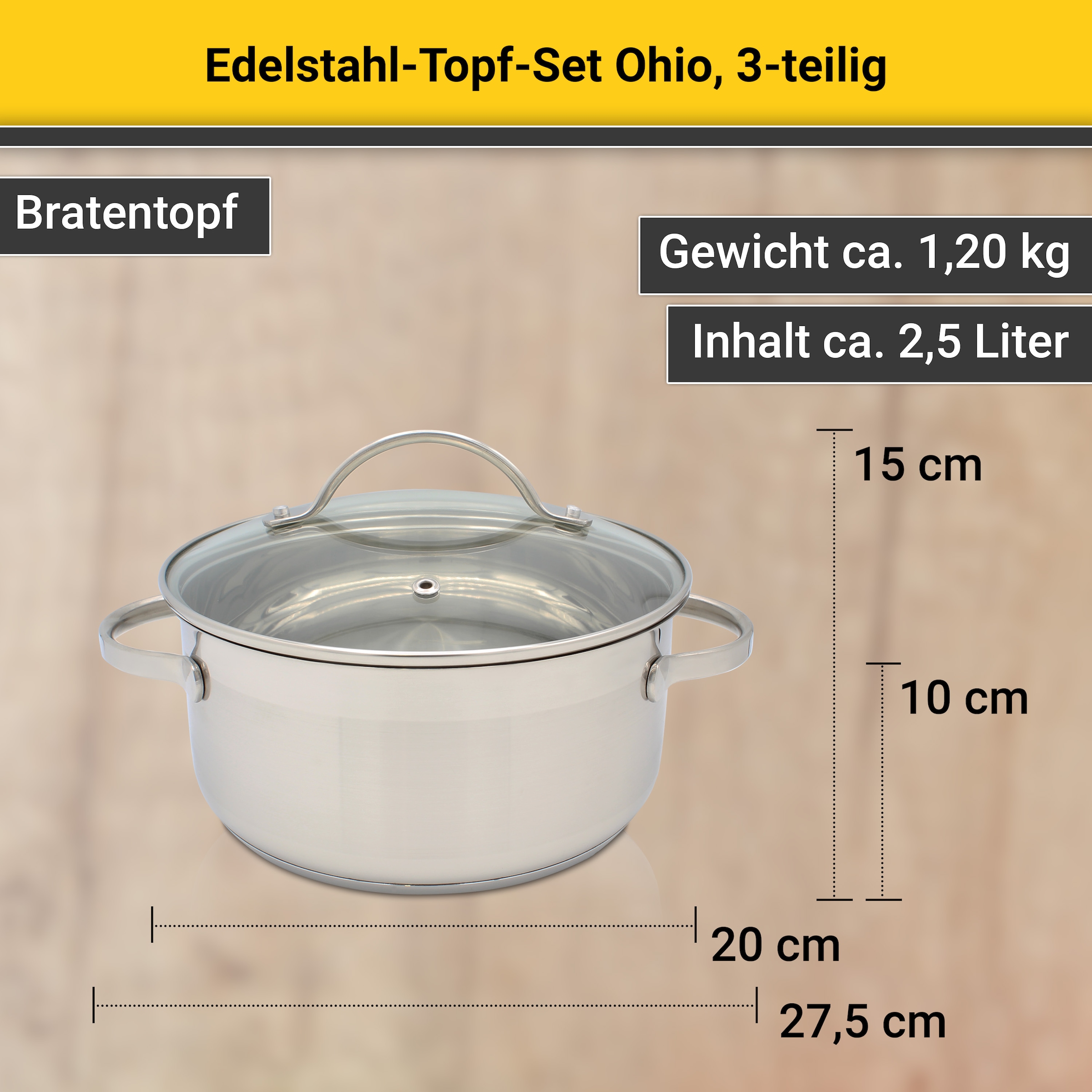 Krüger Topf-Set »Ohio«, Edelstahl, (Set, 5 tlg., 1x Bratentopf Ø 20 cm, 1x Fleischtopf Ø 16 cm, 1x Stieltopf Ø 16 cm), für Induktions-Kochfelder geeignet