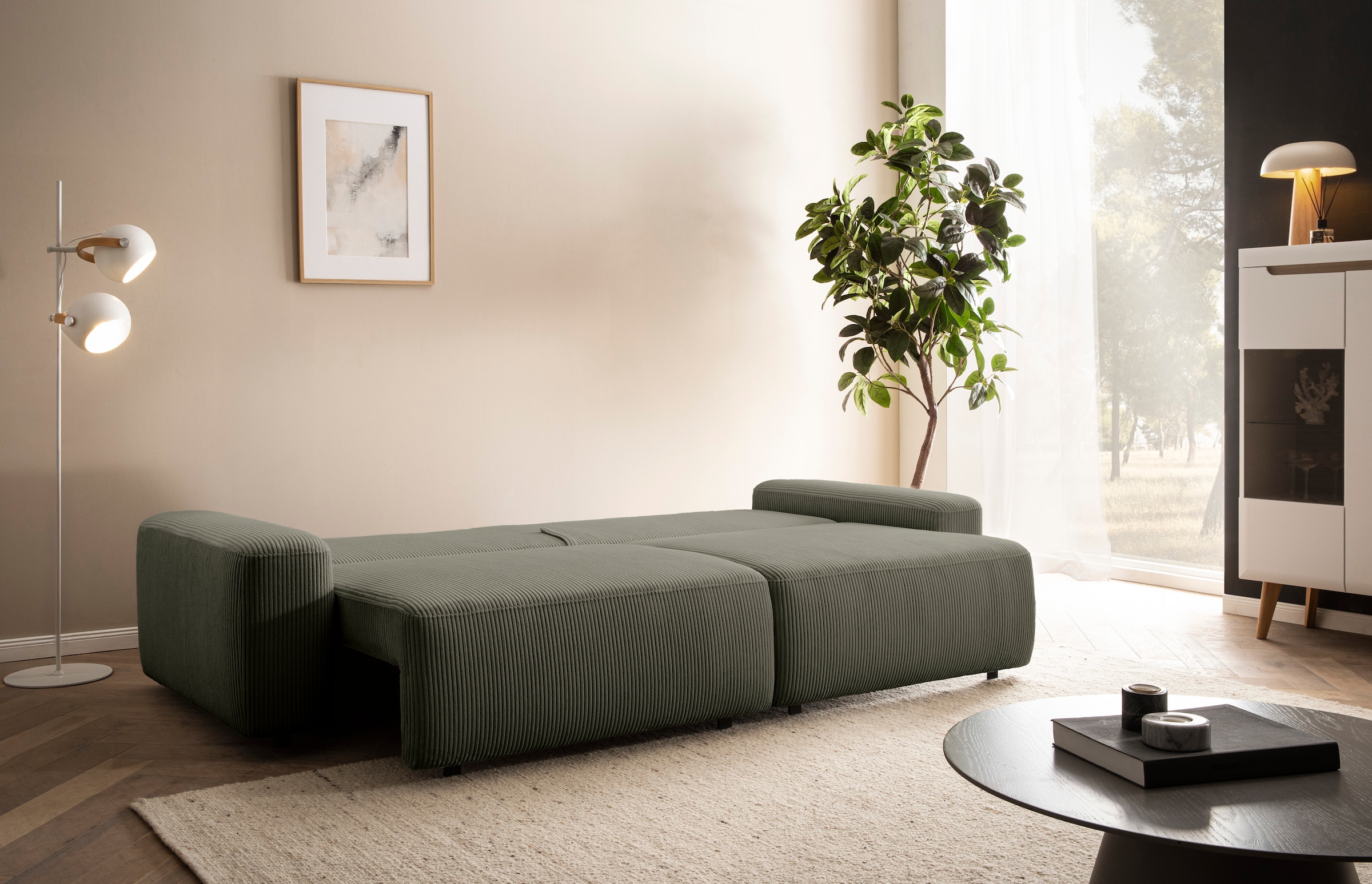 INOSIGN 3-Sitzer »TORGE (257cm), Sofa,Schlafsofa in Cord, Samtvelours, Struktur fein«, rundes Design, Schlaffunktion u. Bettkasten, Liegefläche: 135/200 cm