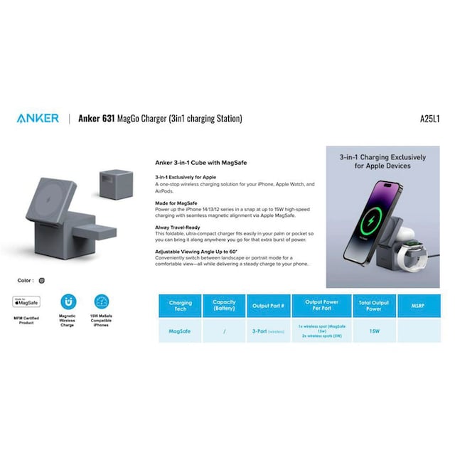 Anker Smartphone-Ladegerät »Charger 3-in-1 Cube with MagSafe«