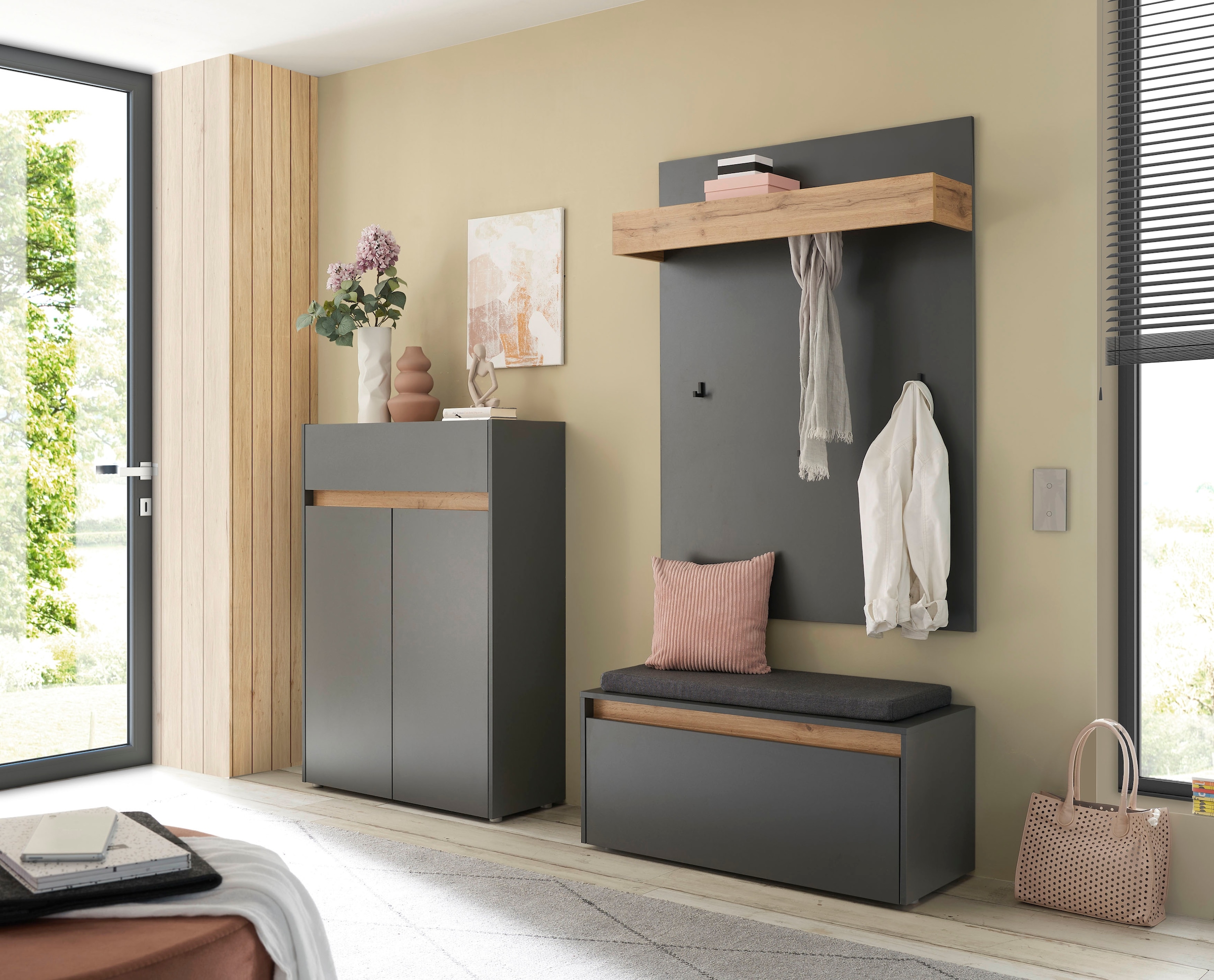 INOSIGN Garderoben-Set »City/Giron, moderne Garderobe, viel Stauraum, ca. 24 Schuhe«, (Set, 3 St.), enthält Schuhschrank, Garderobenpaneel & Garderobenbank mit Sitzkissen