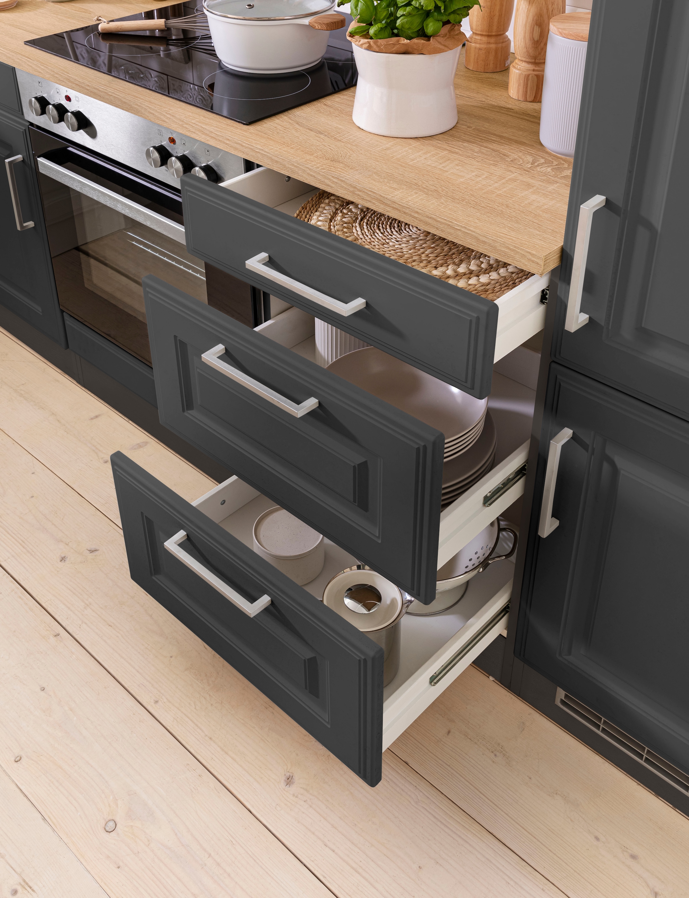 KOCHSTATION Winkelküche »KS-Stockholm« Stellbreite 220/280 cm, mit hochwertigen MDF Fronten im Landhaus-Stil