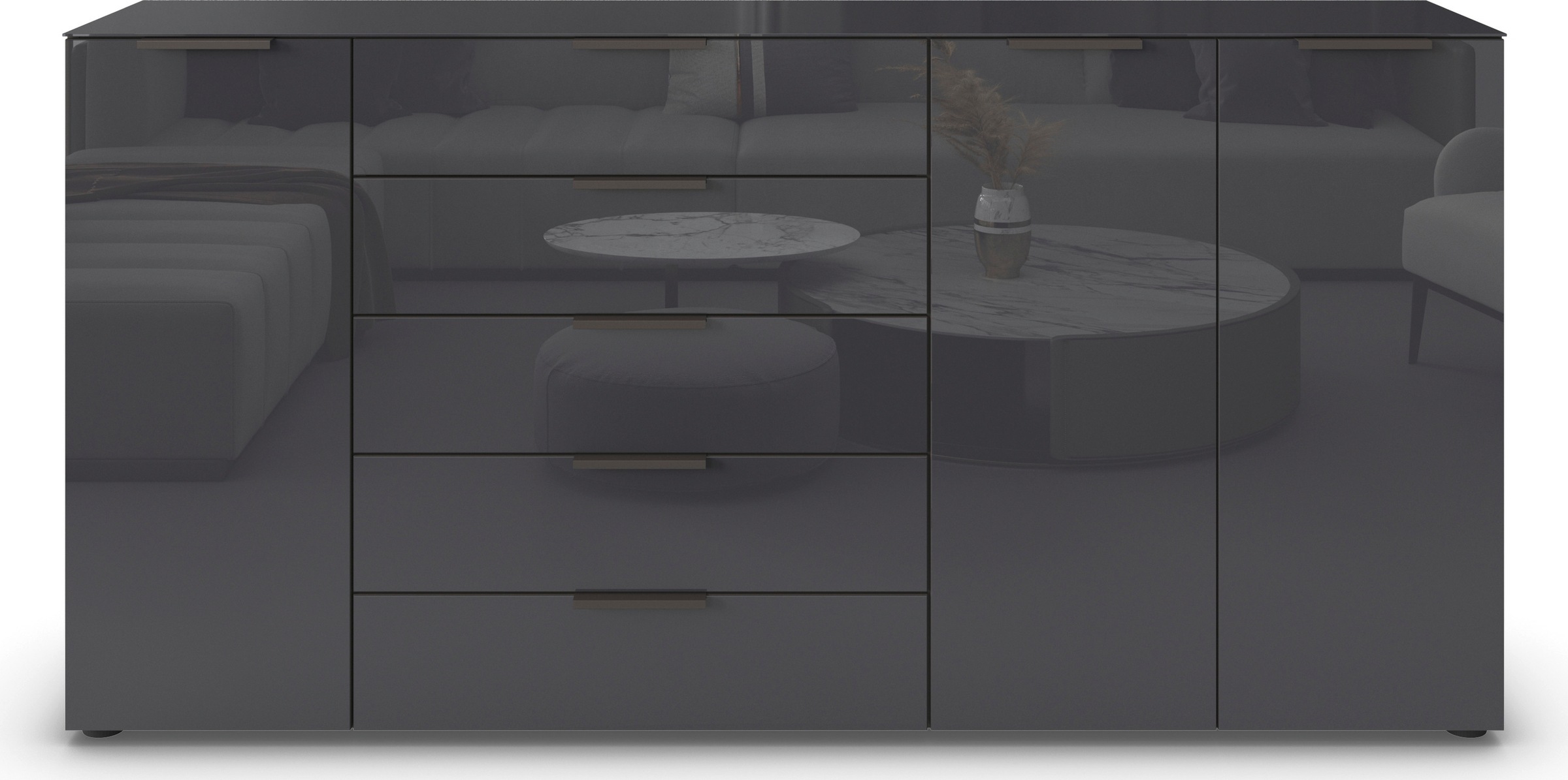 rauch Kombikommode »Kommode Türkommode Sideboard Kombikommode FLIPP mit Glasfront«, (Breite 200 cm mit 4 Einlegeböden), 3-türig, 5 Schubladen, Soft-Close-Funktion, Oberboden und Front Glas
