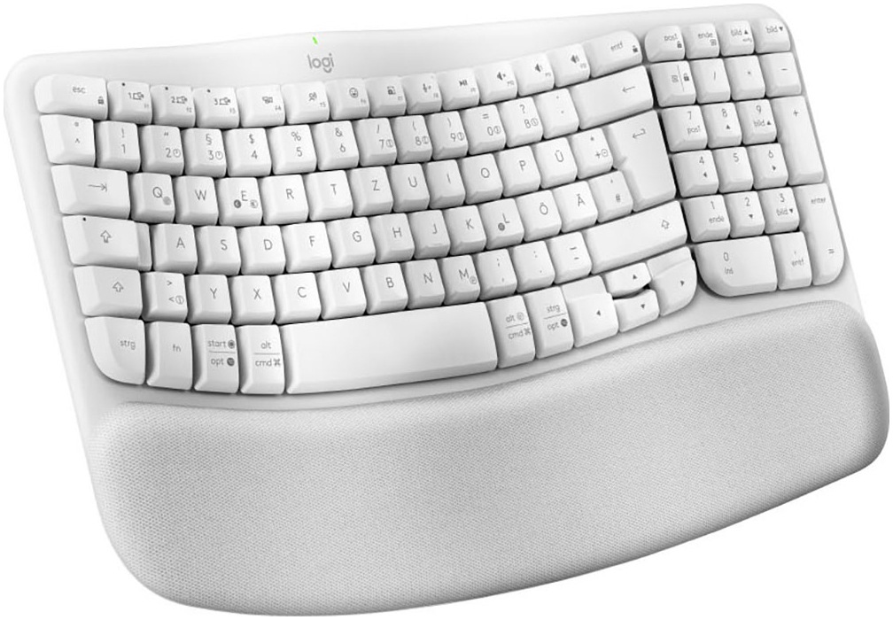 Logitech ergonomische Tastatur »Wave Keys« (Antirutsch-Füße | Fn-Tasten | Handgelenkauflage | Lautstärkeregler | Makro-Tasten | Profil-Speicher | USB-Anschluss | Ziffernblock)