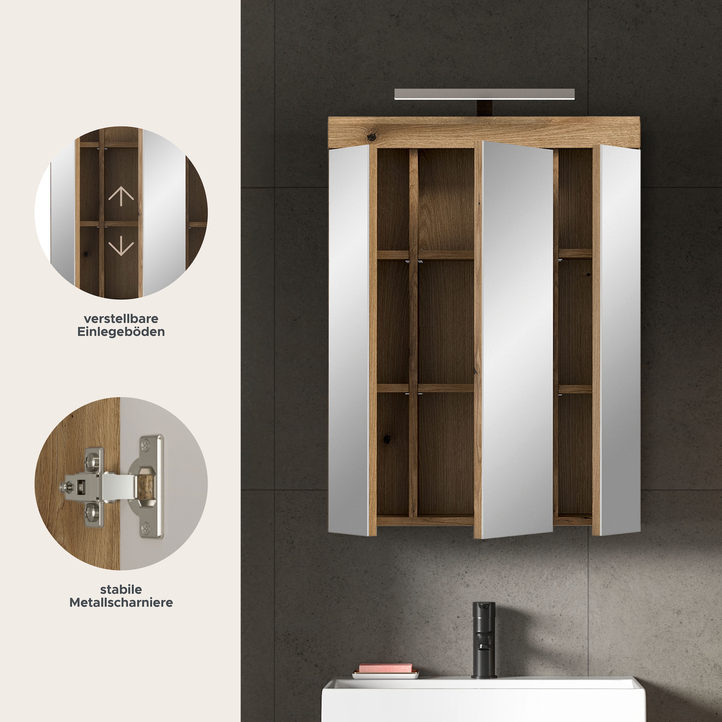 welltime Badezimmerspiegelschrank »SIENA, Breite 60cm, inkl. Beleuchtung, 3 Spiegeltüren, 9 Fächer« Set, TOPSELLER!,  in verschiedenen Farben erhältlich, Badmöbel, Badschrank, Schrank, Bad