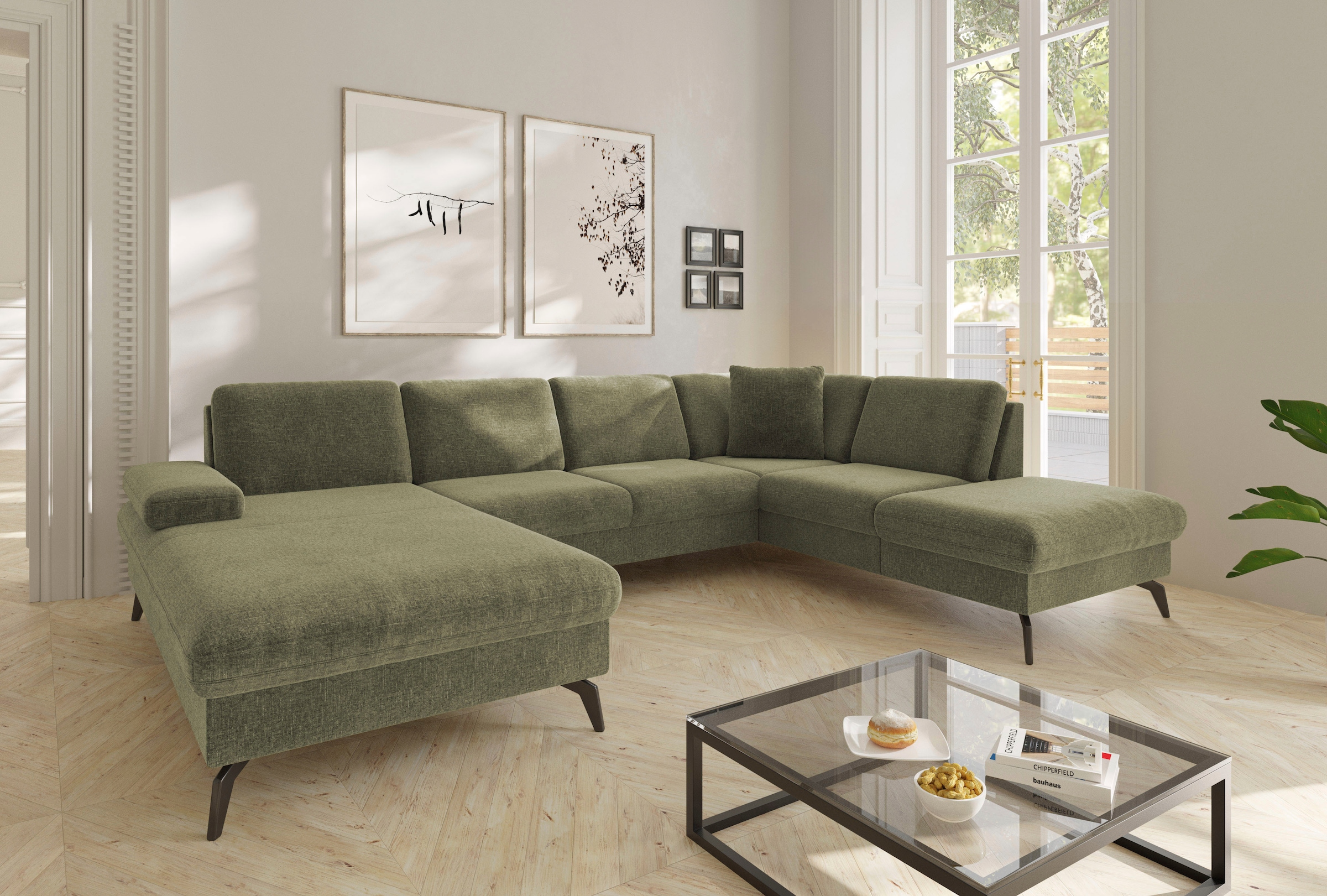 sit&more Wohnlandschaft "Morris Jubi U-Form, B: 300 cm, Armteilverstellung" optional mit Bettfunktion, 1 Zierkissen, komfortable Sitzhöhe 44 cm