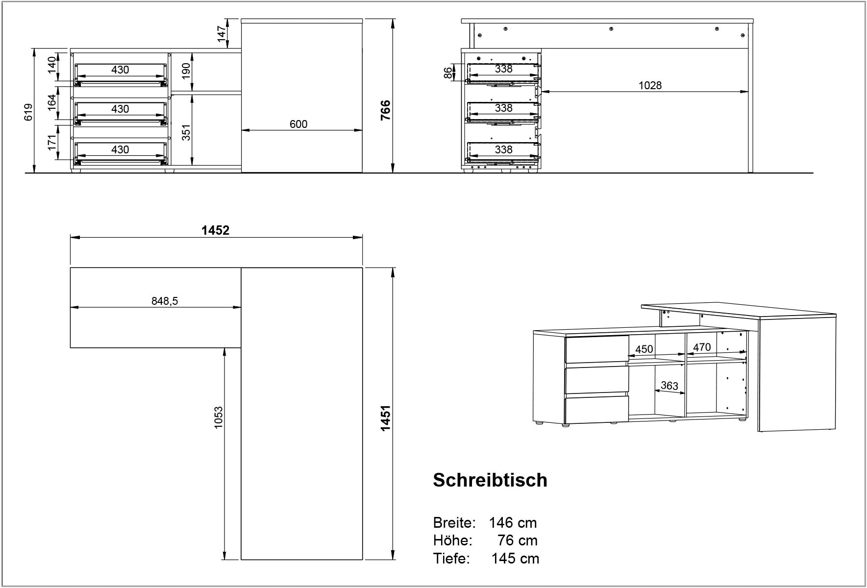 GERMANIA Eckschreibtisch »GW-Lissabon Winkelschreibtisch«, mit integriertem Sideboard, rechts oder links montierbar