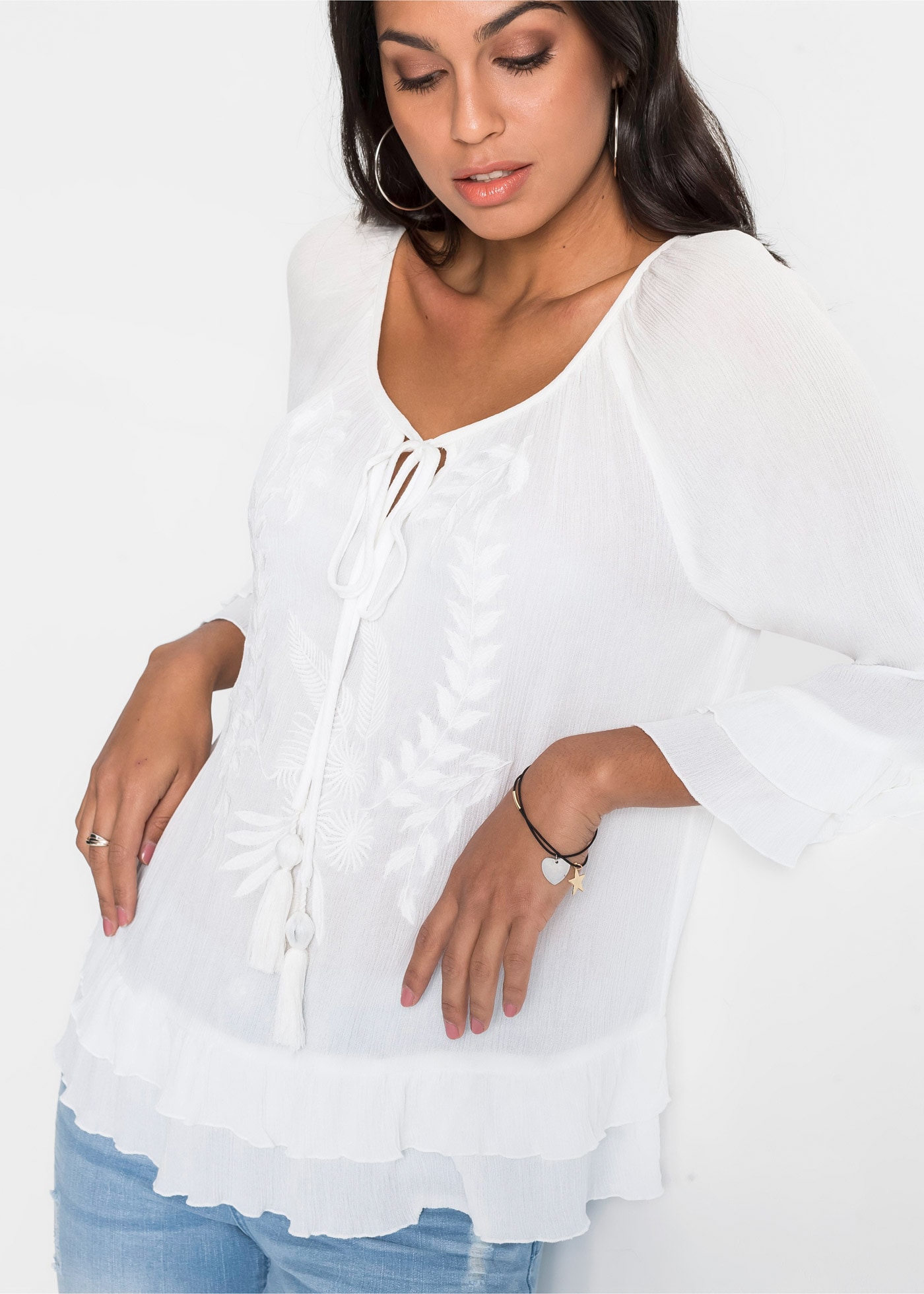 bonprix Tunika 1 A-Linien-Passform, mit 3/4-Ärmeln, gleichfarbige Stickerei günstig online kaufen