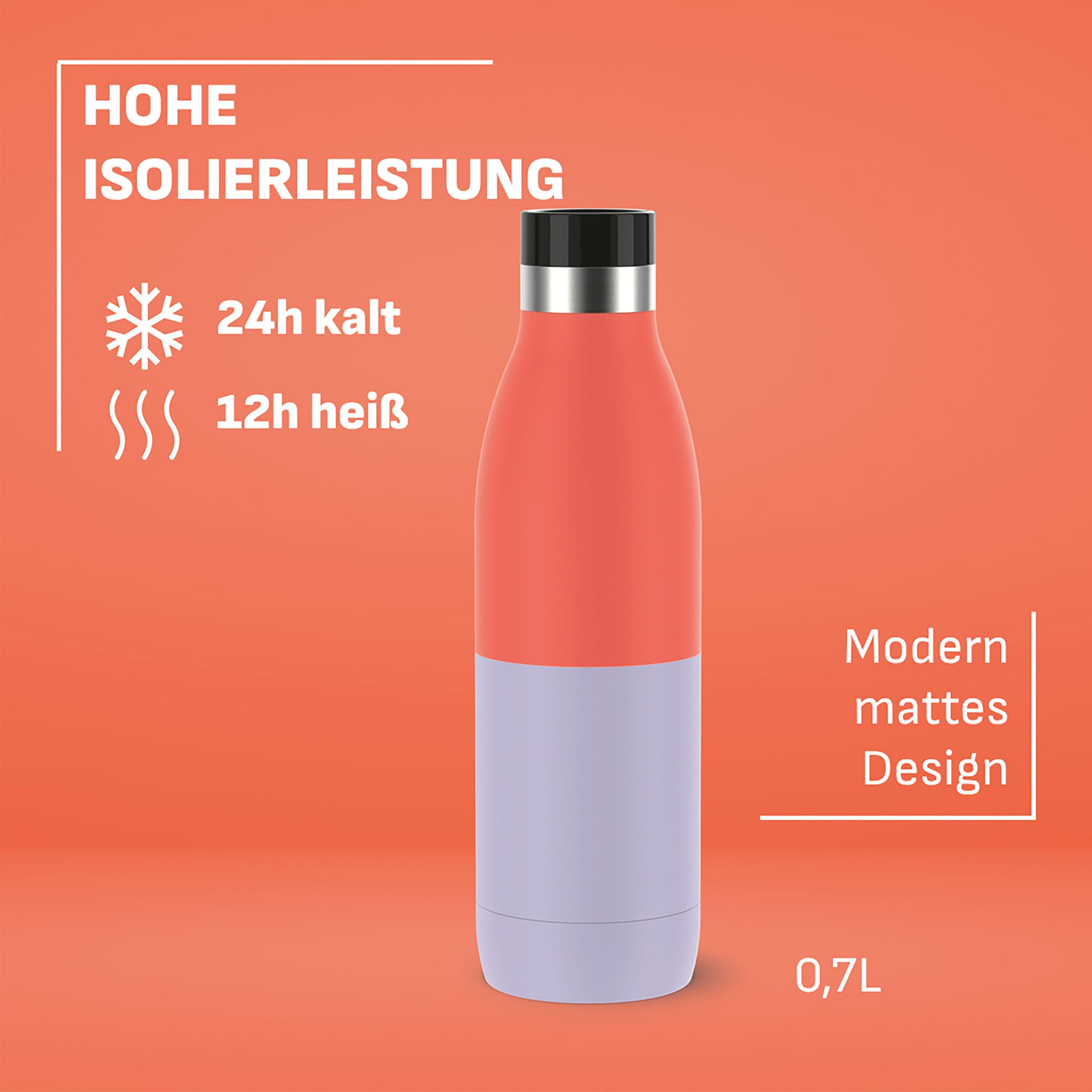 Emsa Trinkflasche »Bludrop« robust, Pulverbeschichtung, ergonomisch, 12 h warm, 24 h kühl, 0,7 L