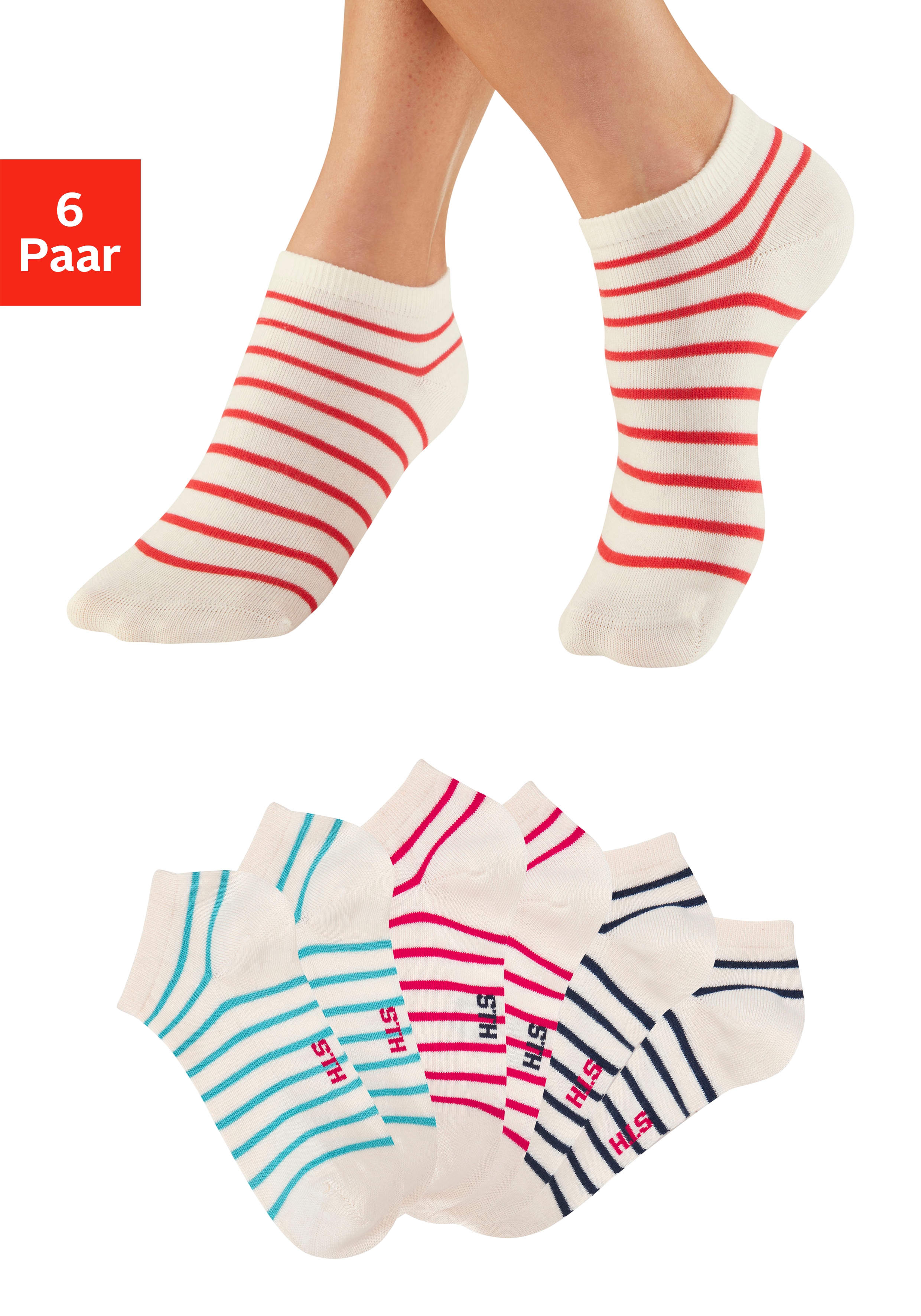 H.I.S "Damen Sneaker Socken, Geringelte Knöchelsocken, Freizeitsocken" Packung, 6 Paar tlg. mit maritimen Design