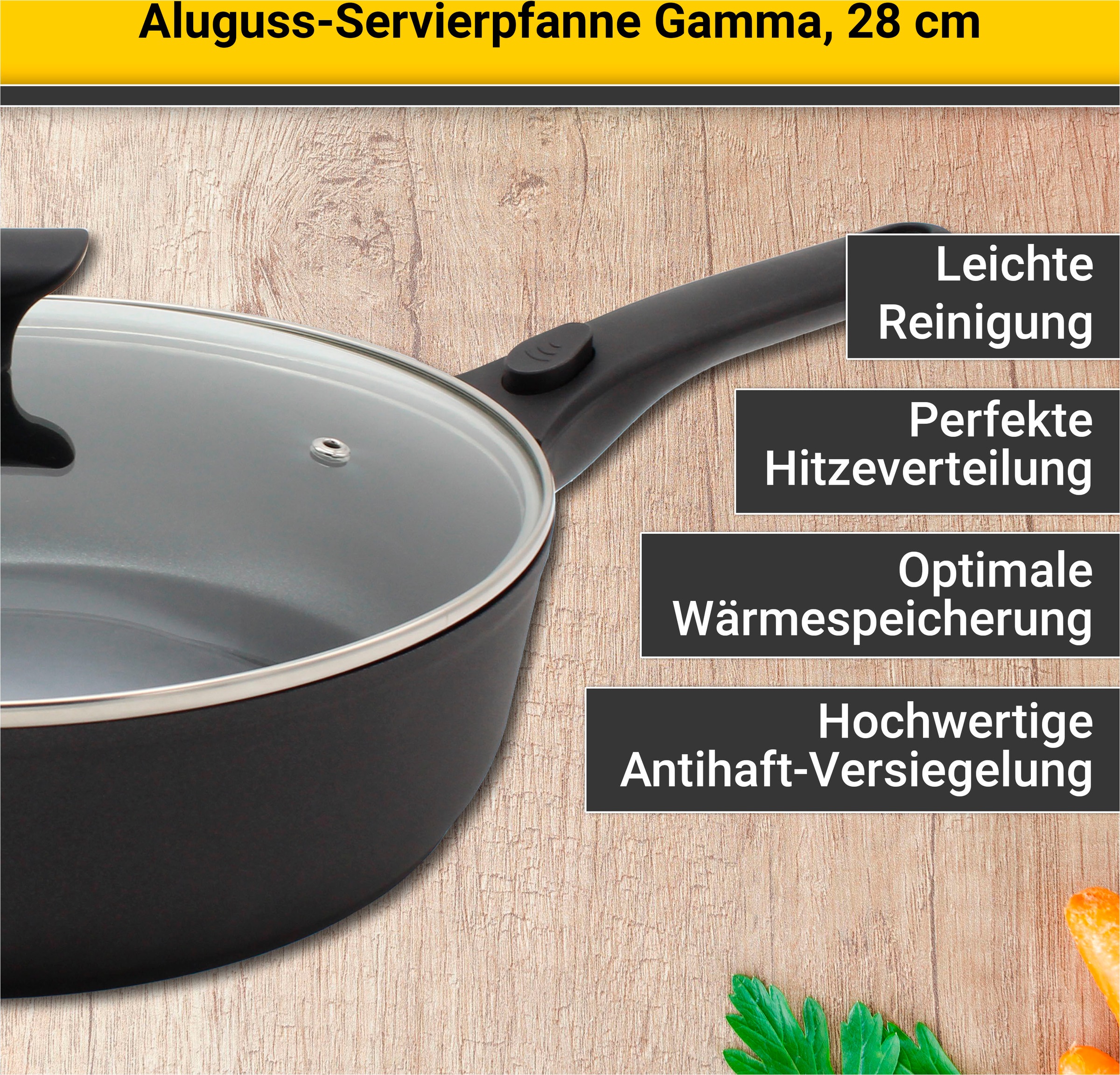 Krüger Servierpfanne »Aluguss Pfanne GAMMA mit Glasdeckel, 28 cm, mit abnehmbaren Griffen«, Aluminiumguss, für Induktions-Kochfelder geeignet, auch als Schmorpfanne verwendbar