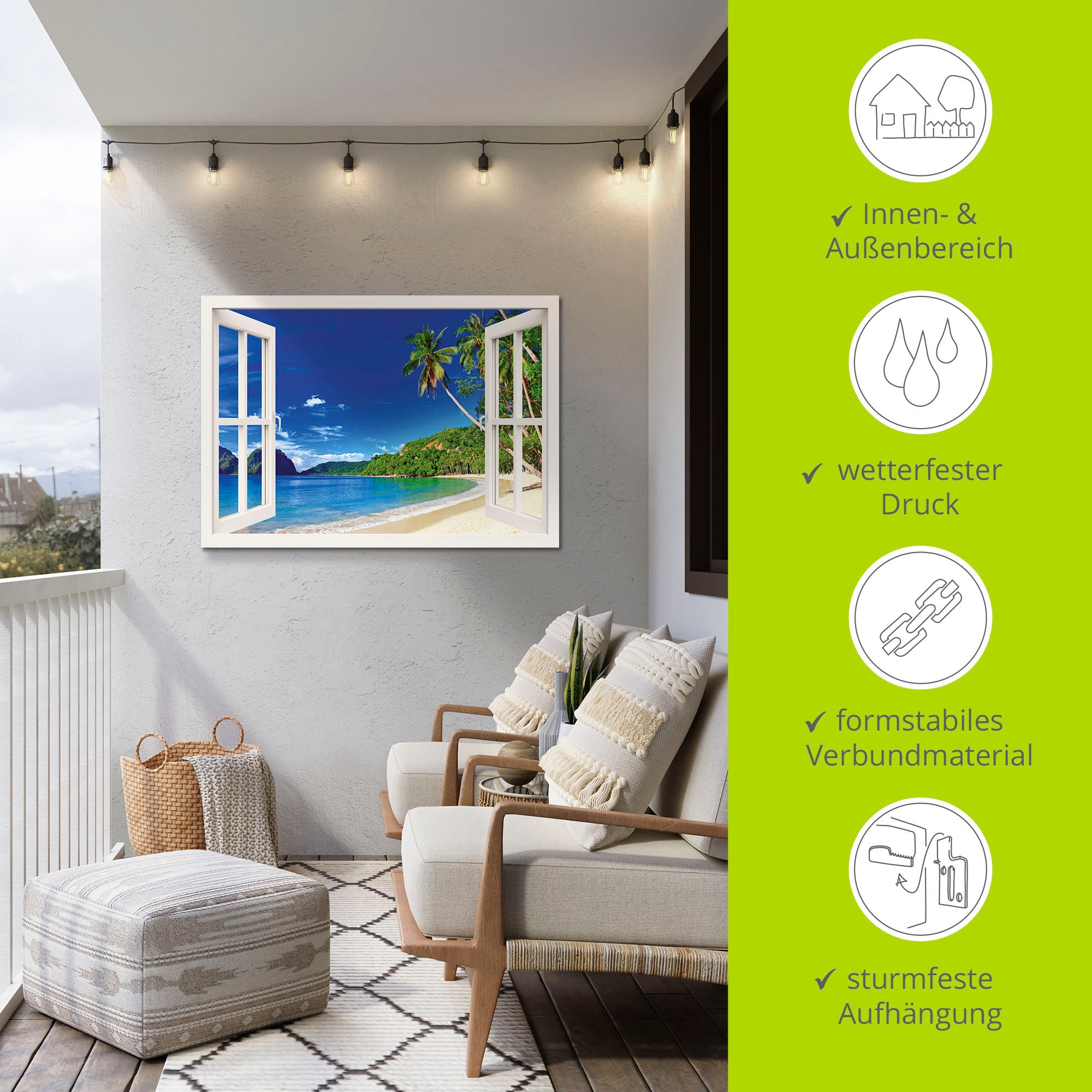 Artland Wandbild »Fensterblick Paradies«, Fensterblick, (1 St.), als Alubild, Outdoorbild, Leinwandbild, Poster, Wandaufkleber