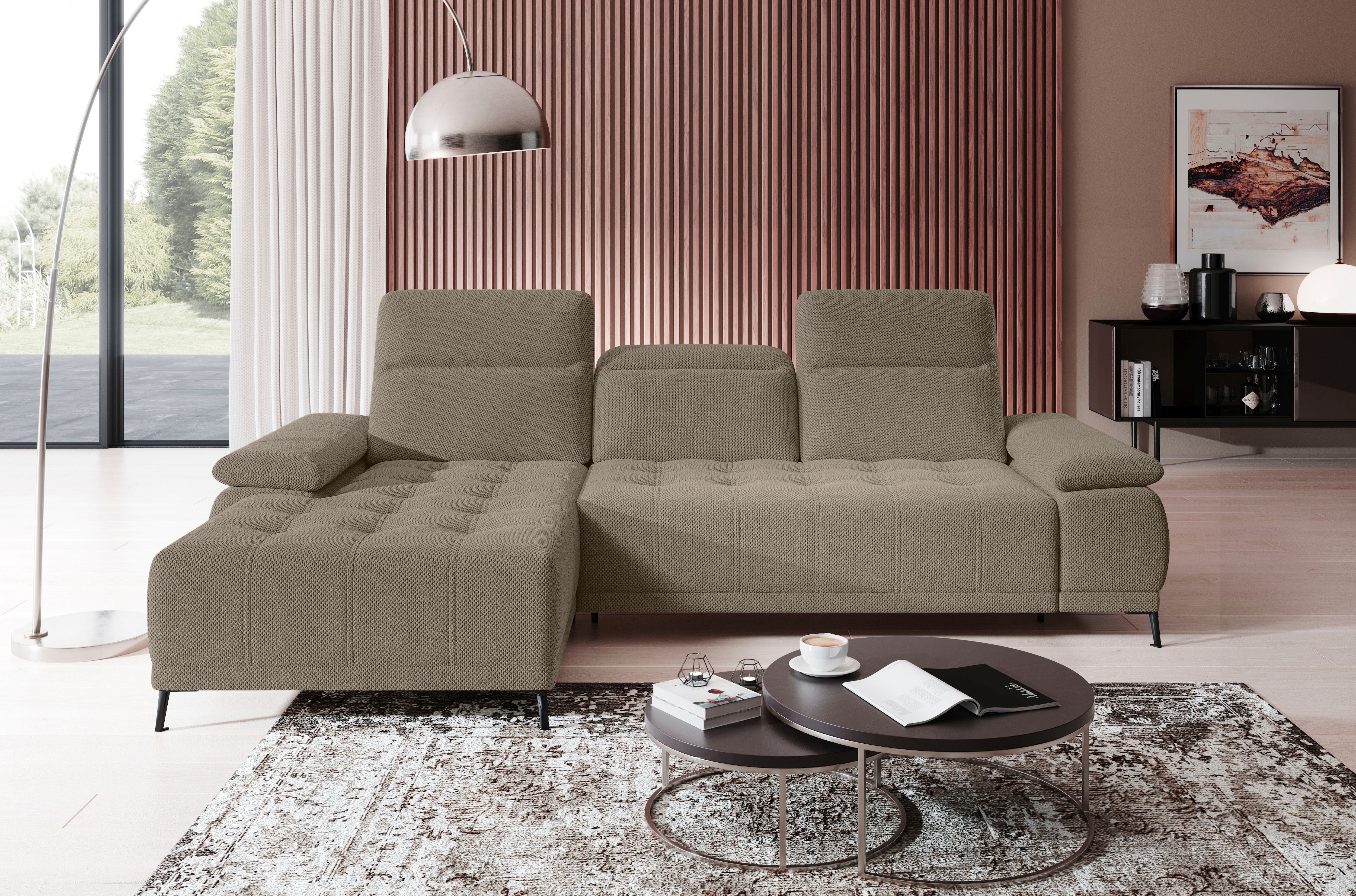 WERK2 Ecksofa "Focus-S 277 x 177 cm modern und bequem" Webstoff, L-Form, XXL, elektrische Sitztiefenverstellung