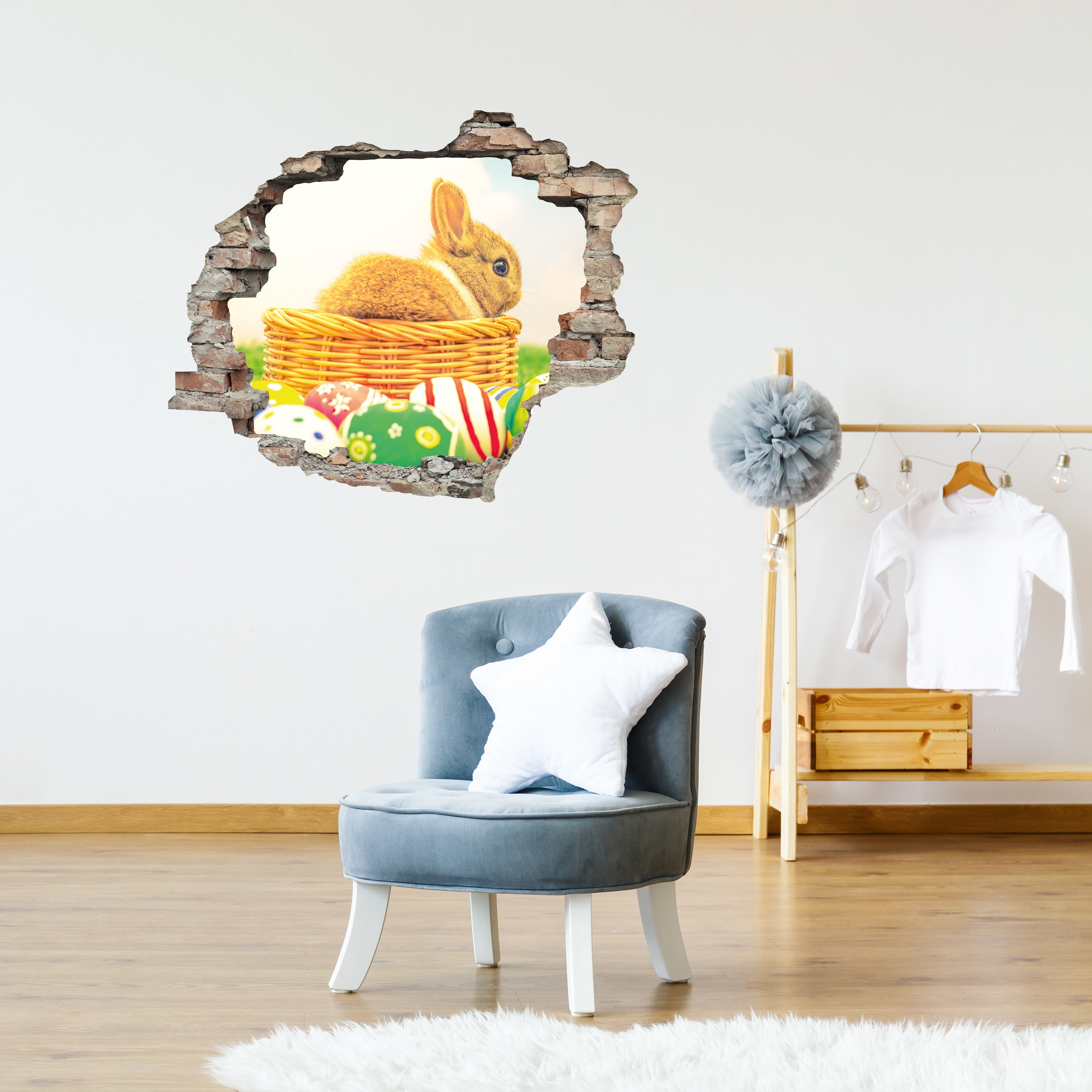 queence 3D-Wandtattoo "Osterhase im Nest" Selbstklebender Wandsticker Ostern Wanddurchbruch 60x50cm