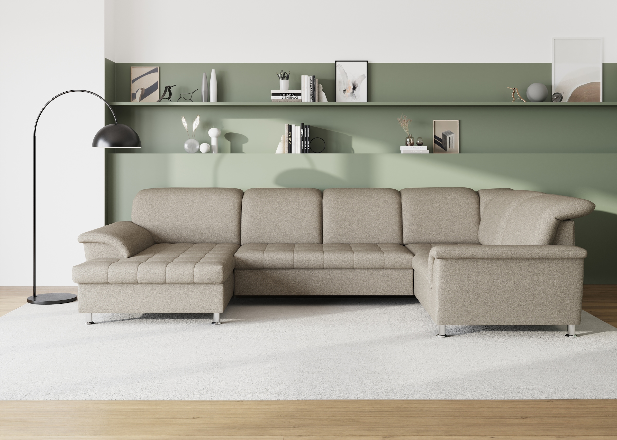 DOMO collection Wohnlandschaft "FRANZI optional mit Bettfunktion, Bettkasten & Kopfteilverstellung" U-Form, Recamiere links, schlamm, B/T: 352/214 cm