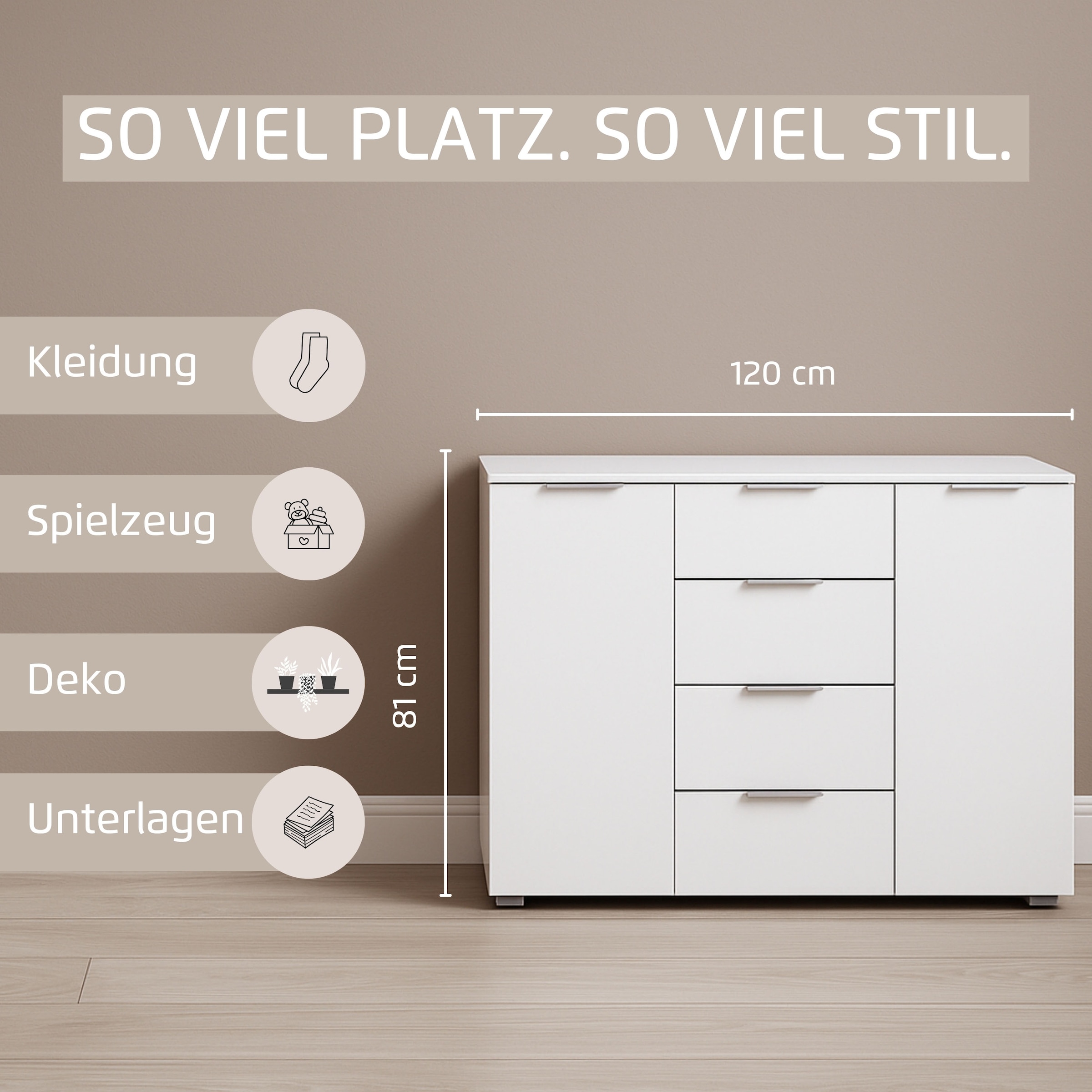 rauch Kombikommode »Sideboard Schubladenkommode AGORDO mit Dekor- oder Hochglanzfront«, (in zwei Griff-Farben, Breite 120 cm inkl. Soft-Close-Funktion), vier große Schubladen, mit insgesamt 4 Einlegeböden MADE IN GERMANY