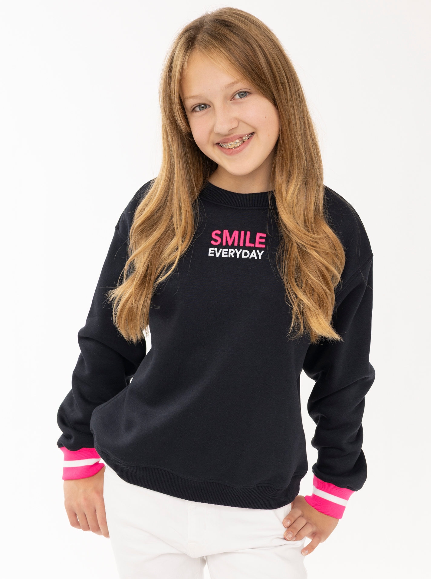 Zwillingsherz Sweatshirt »"SMILE"«, gestreifte elastische Bündchen, SMILE Print vorne und hinten, Rundhals
