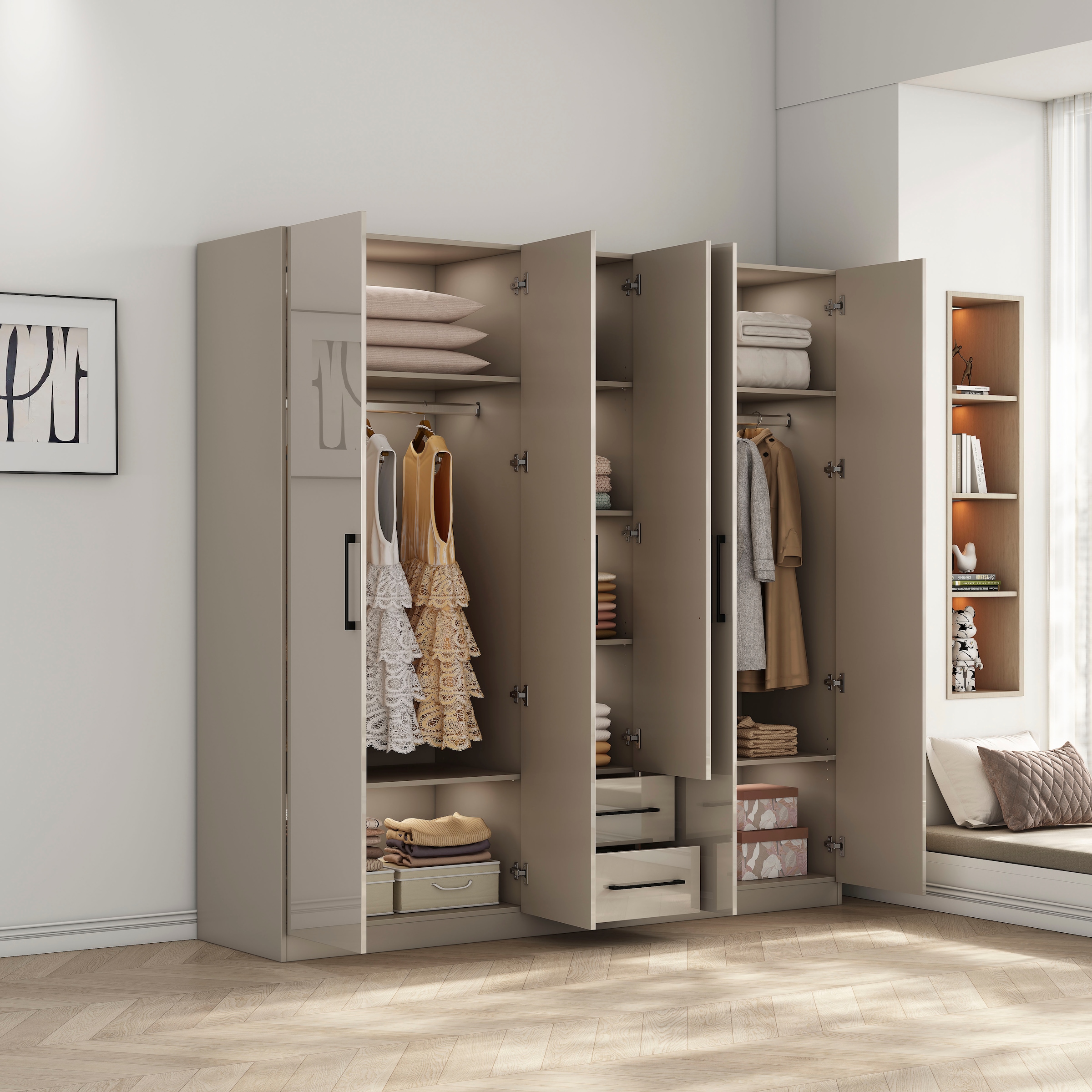 OTTO home Kleiderschrank »Sylt Schlafzimmerschrank Garderobe Schrank TOPSELLER in hochglanz weiß« 5 Türen, 2 Schubladen, schwarze moderne Griffe, 7 Einlegeböden,  Drehtürenschrank mit perfekter Innenausstattung, Breite 200cm