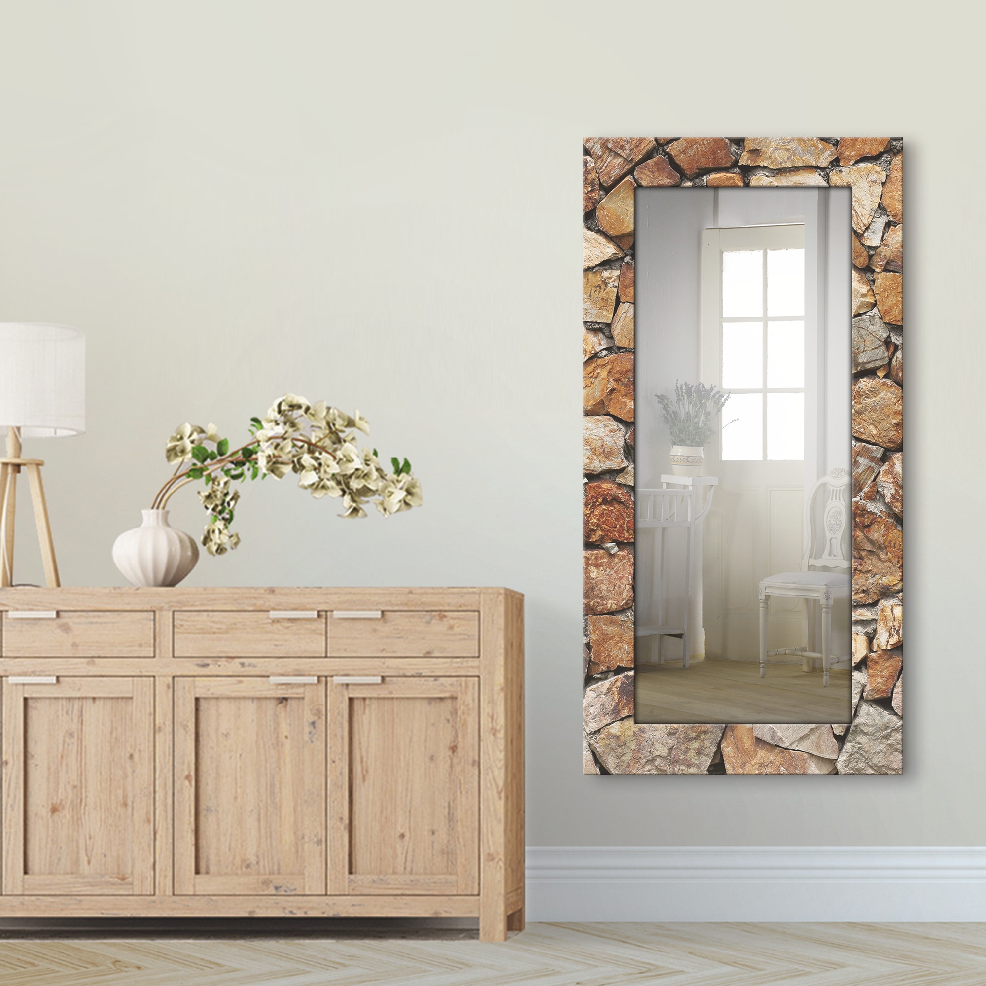 Artland Dekospiegel »Braune Steinwand«, gerahmter Ganzkörperspiegel, Wandspiegel, mit Motivrahmen, Landhaus