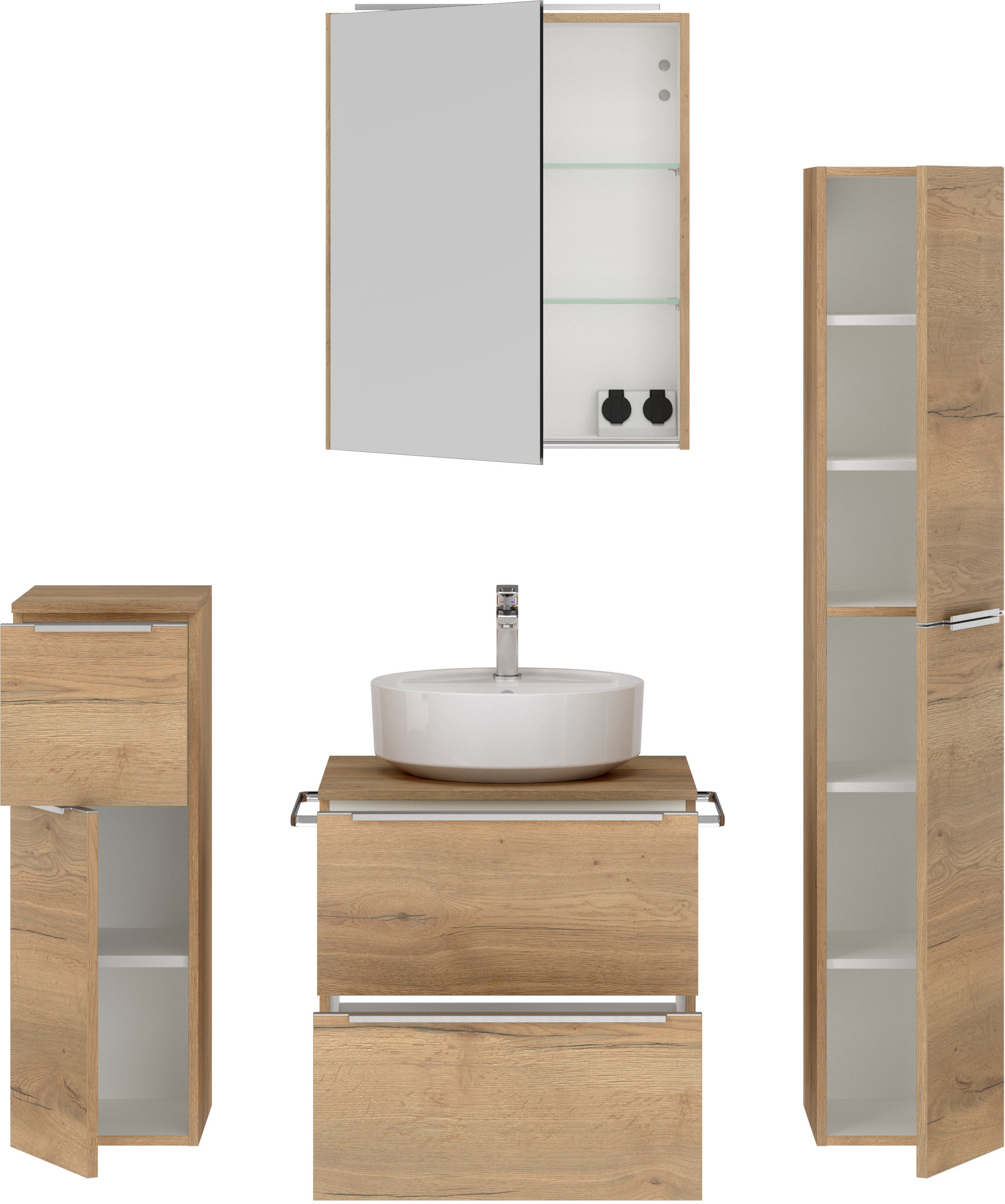 nobilia® Badmöbel-Set »Alvene«, (4 St., vormontiert, mit Soft-Close), inkl. Spiegelschrank mit Beleuchtung und Dimmerfunktion, in 4 Breiten