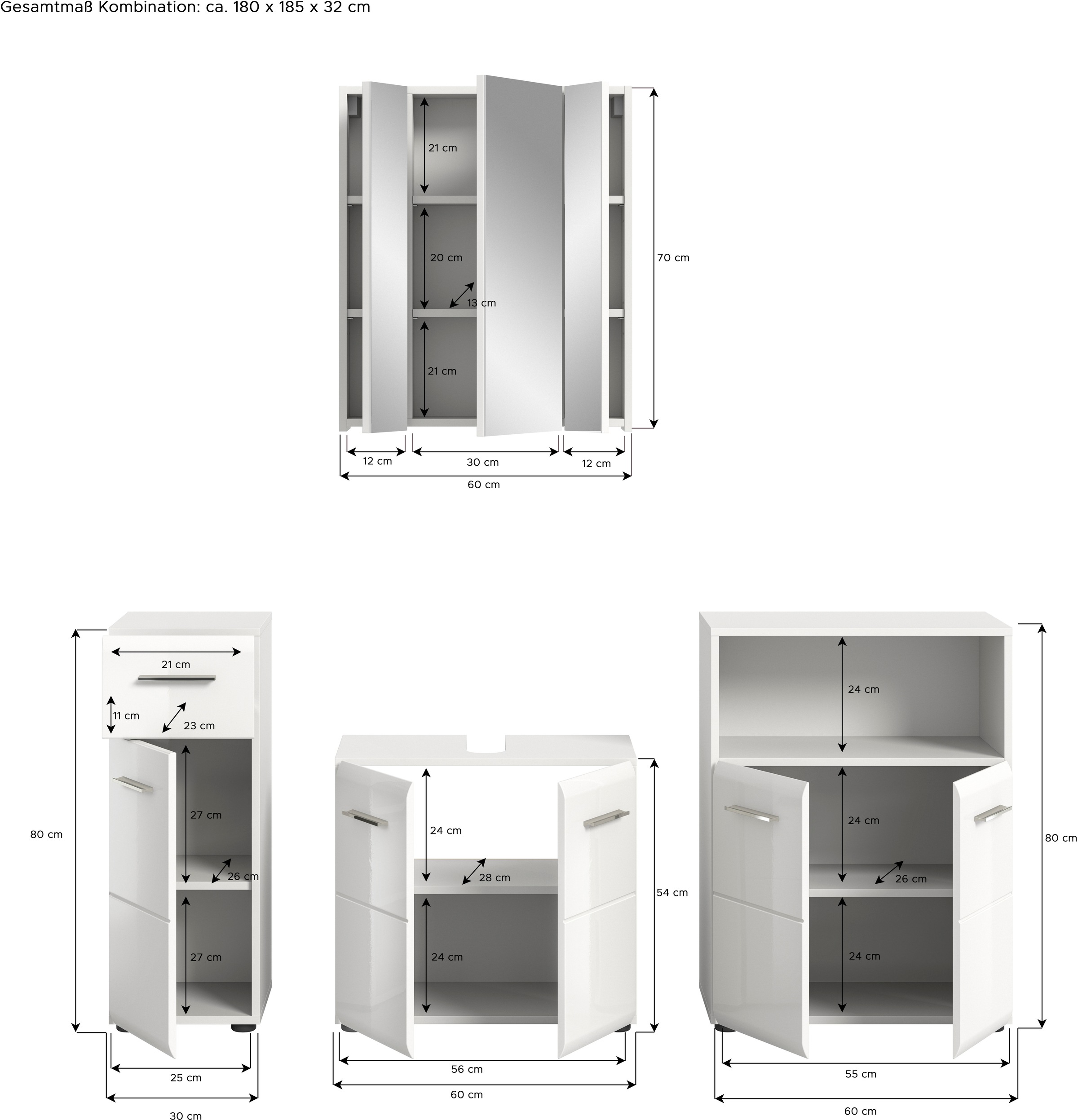 INOSIGN Badmöbel-Set »FLORENZ, TOPSELLER!, 4-teilige Badkombination, hochwertige MDF-Front«, (Unterschrank, Waschbeckenunterschrank, Spiegelschrank, Midischrank), Bad-Kombination, Bad-Möbel, Badezimmer, Kombination, Kombi