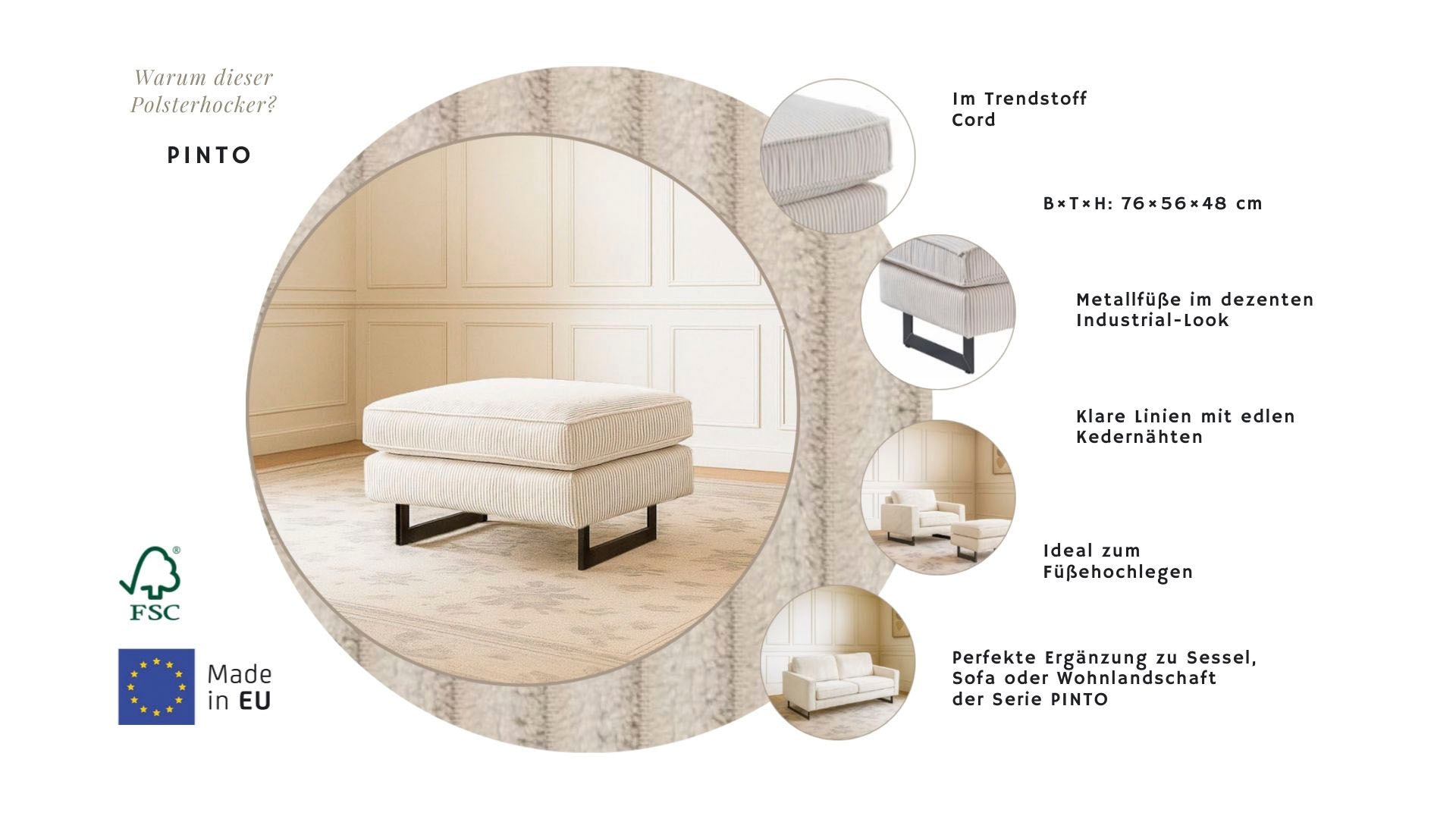 Home affaire Polsterhocker »Pinto« mit Keder, Metallfüßen und auch in Cord Bezug erhältlich