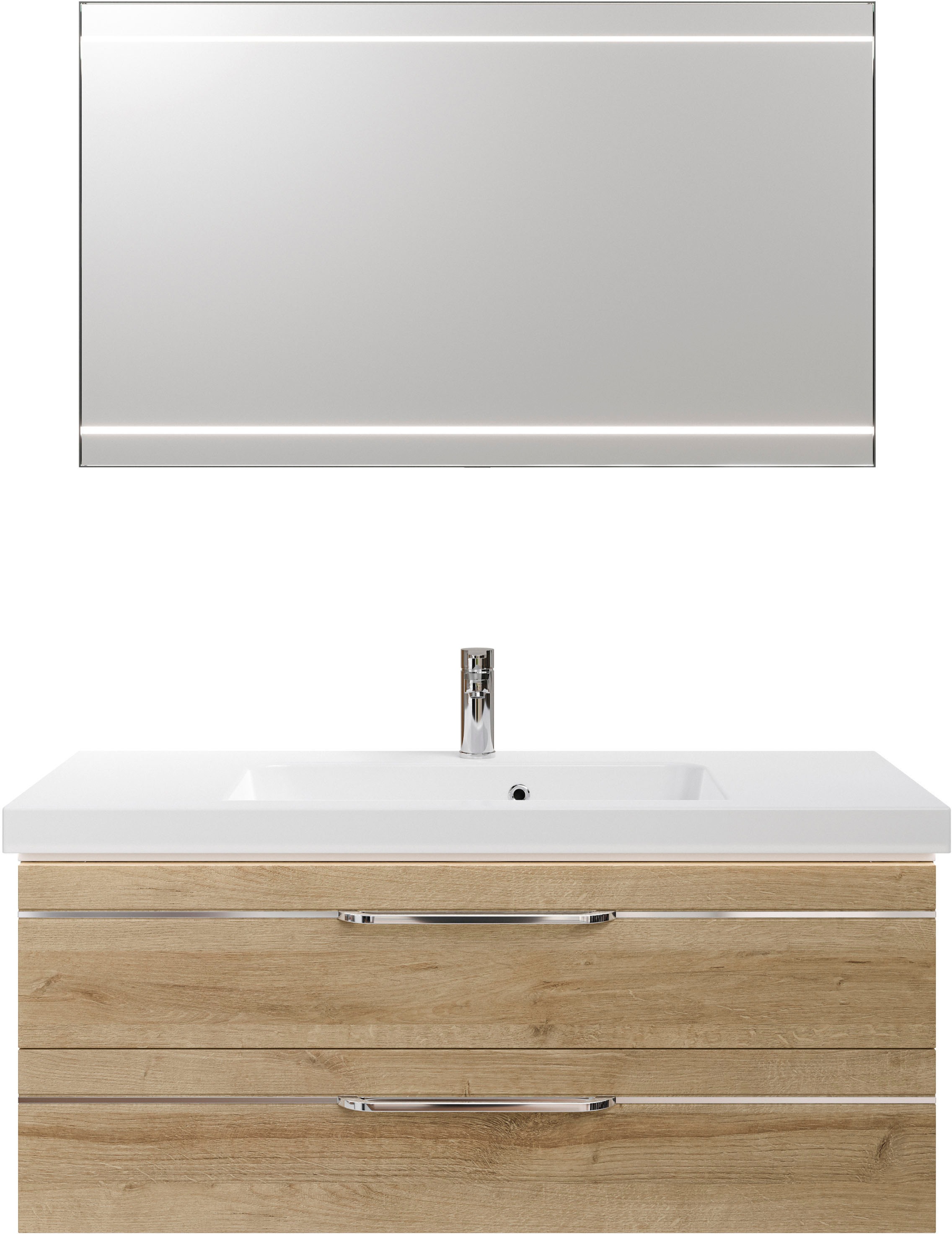 Saphir Badmöbel-Set »Balto 2-teilig Mineralmarmor-Waschtisch mit LED-Spiegel, 123 cm breit«, (2 St.), Waschplatz mit 2 Schubladen, Badschrank inkl. Schubladendämpfer
