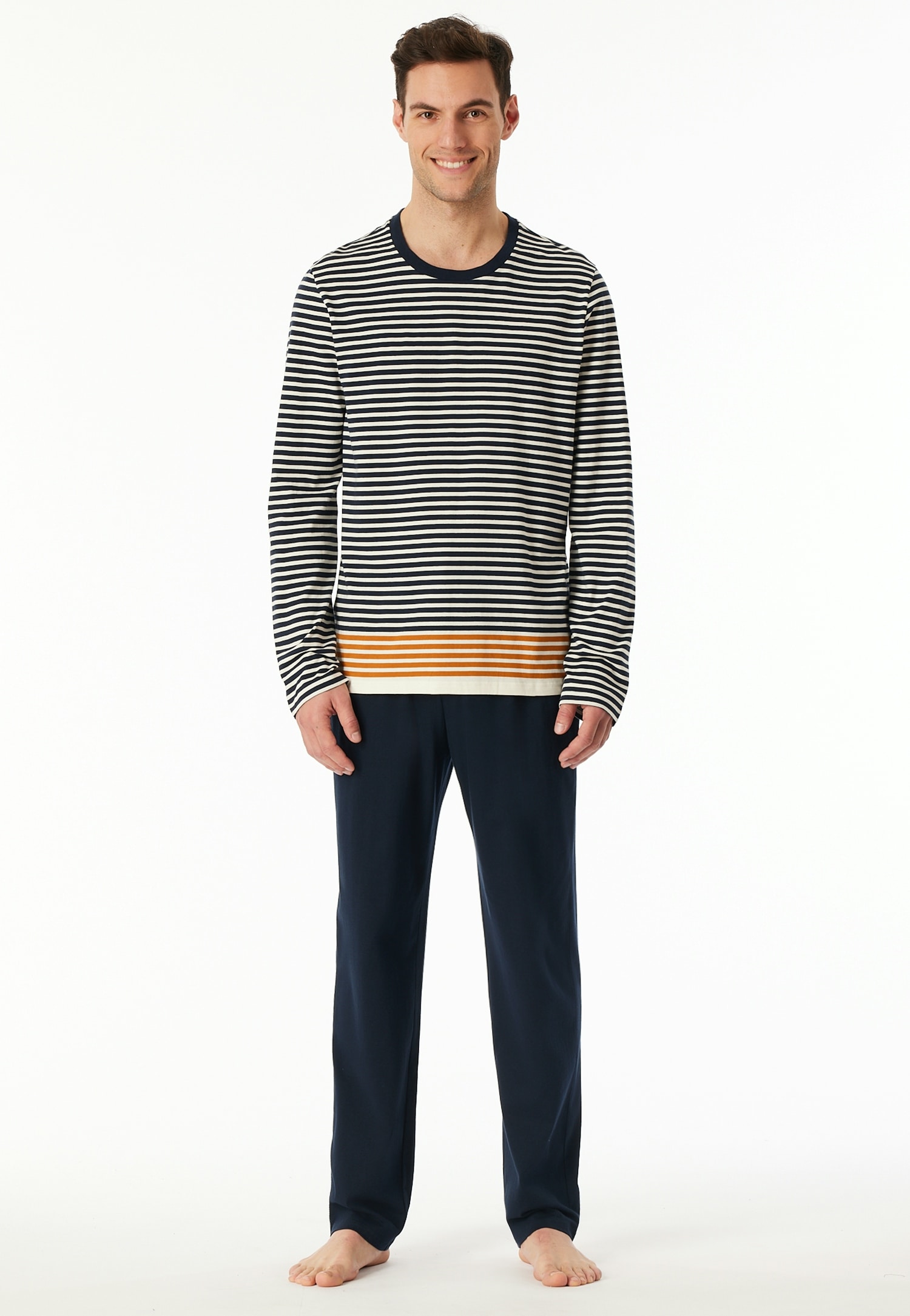 Schiesser Schlafanzug »Casual Nightwear« 2 tlg. Rundhalsausschnitt, langärmelig, gestreift, Baumwolle, Single Jersey