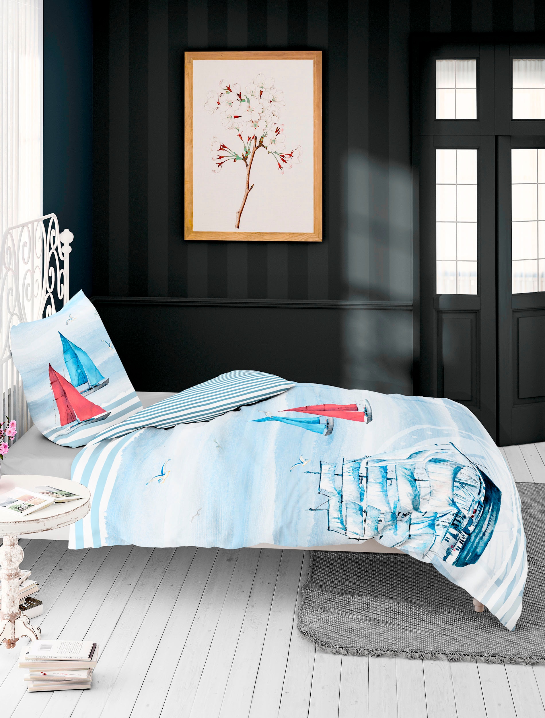 BIERBAUM Wendebettwäsche »5227«, Mako-Satin, 100 % Baumwolle, pflegeleicht, mit Segelschiff
