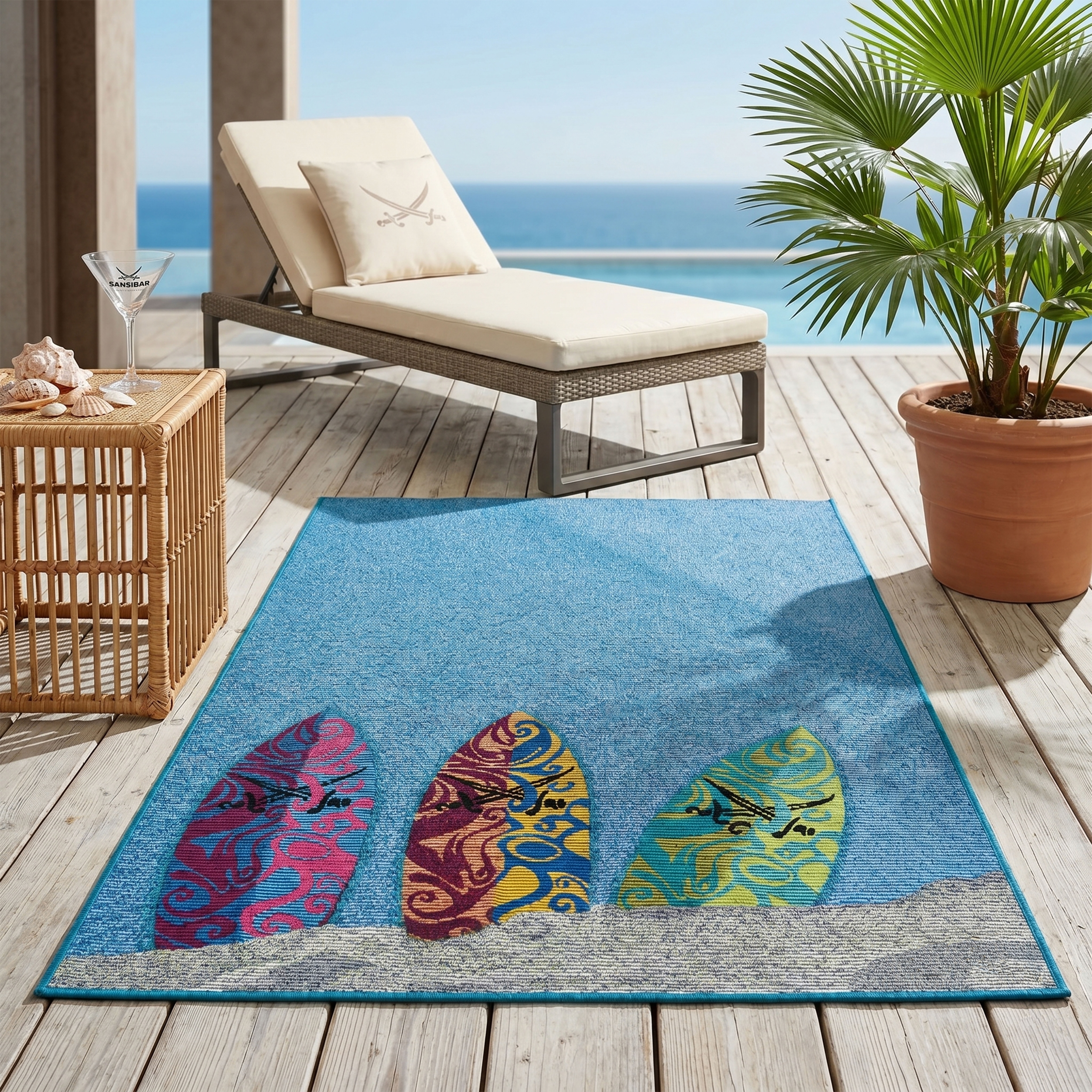 Sansibar Teppich "Rantum Beach SA-018" rechteckig 5 mm Höhe Flachgewebe, modernes Design, Surfboards, In- und Outdoor geeignet