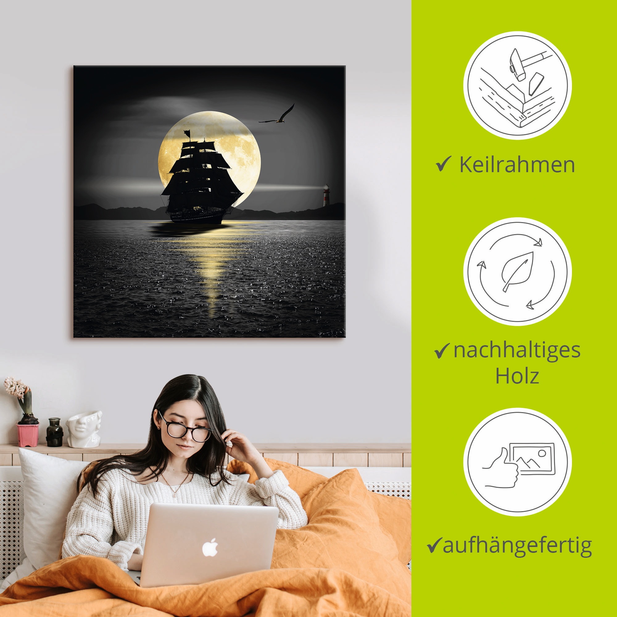 Artland Wandbild »Ein Schiff mit schwarzen Segeln«, Boote & Schiffe, (1 St.), als Leinwandbild, Poster, Wandaufkleber in verschied. Größen