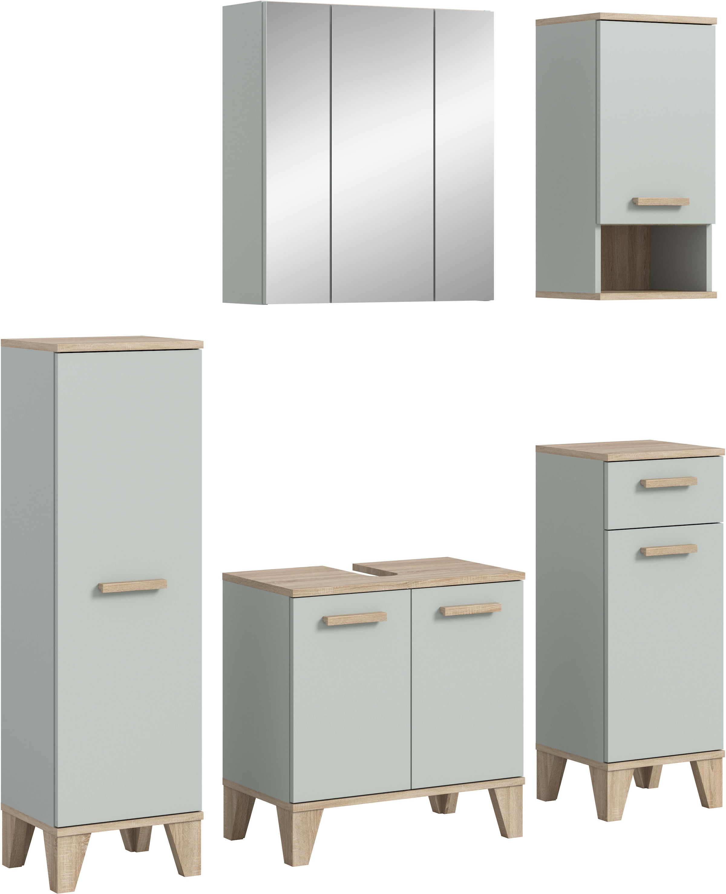 welltime Badmöbel-Set "MINTTU, 5-teilige moderne Badkombination im SCANDI-Look" bestehend aus: 2x Midischrank, WBU, Spiegelschrank, Hängeschrank, 5 Stk. tlg.