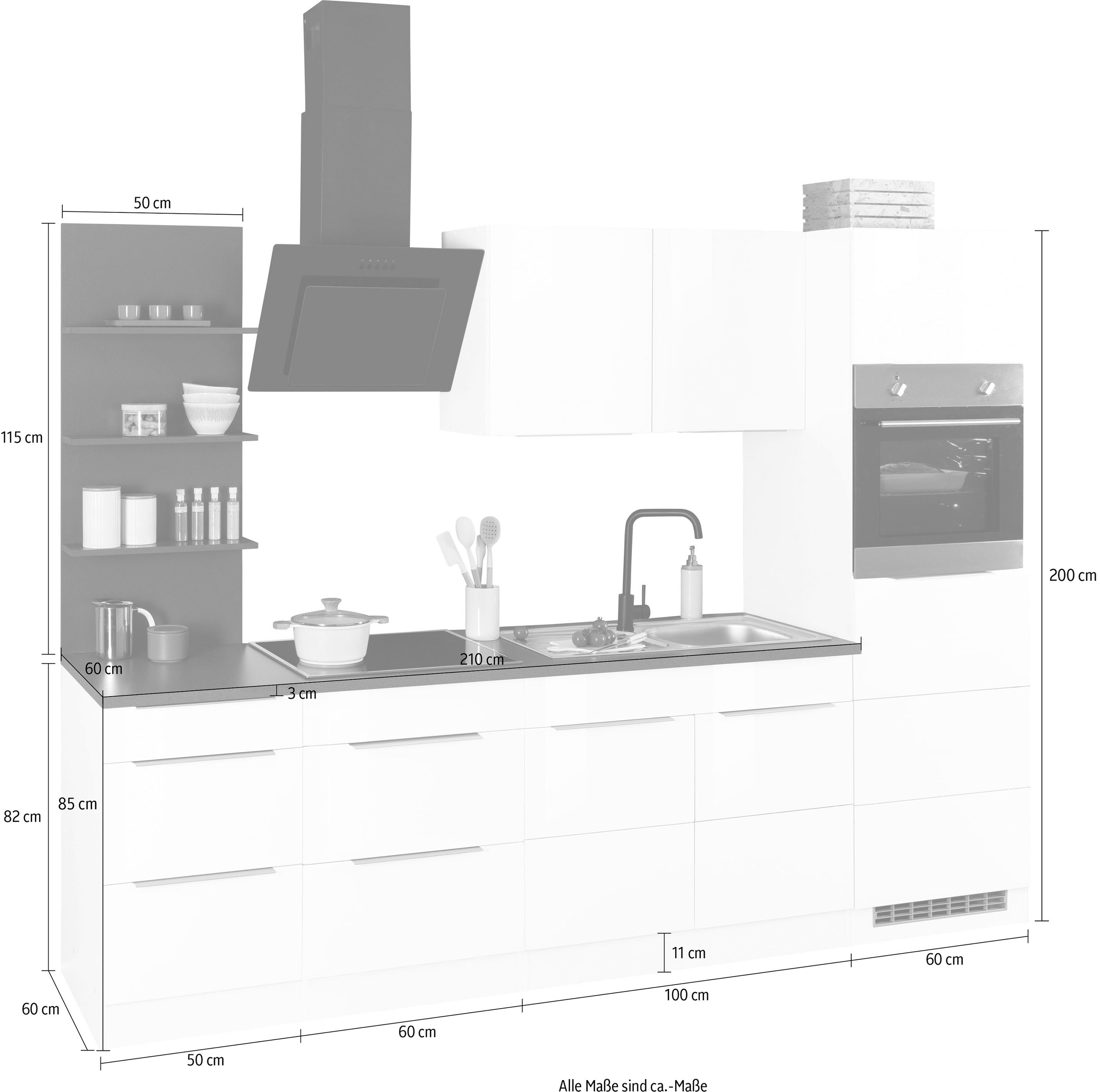 KOCHSTATION Küchenzeile »KS-Brindisi Breite 270 cm« wahlweise mit E-Geräten und Induktion, mit MDF-Fronten und Regal