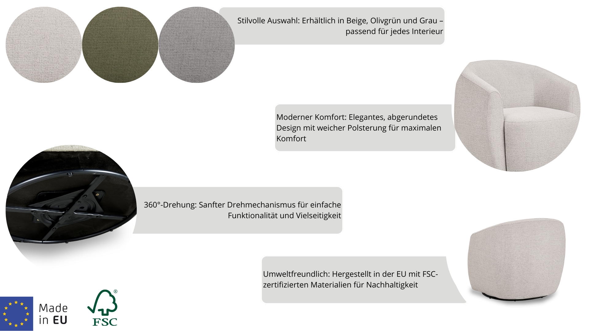andas Drehsessel »Vallsta«, Breite 85 cm, Chenille oder Boucle Stoff, Drehfunktion verfügbar