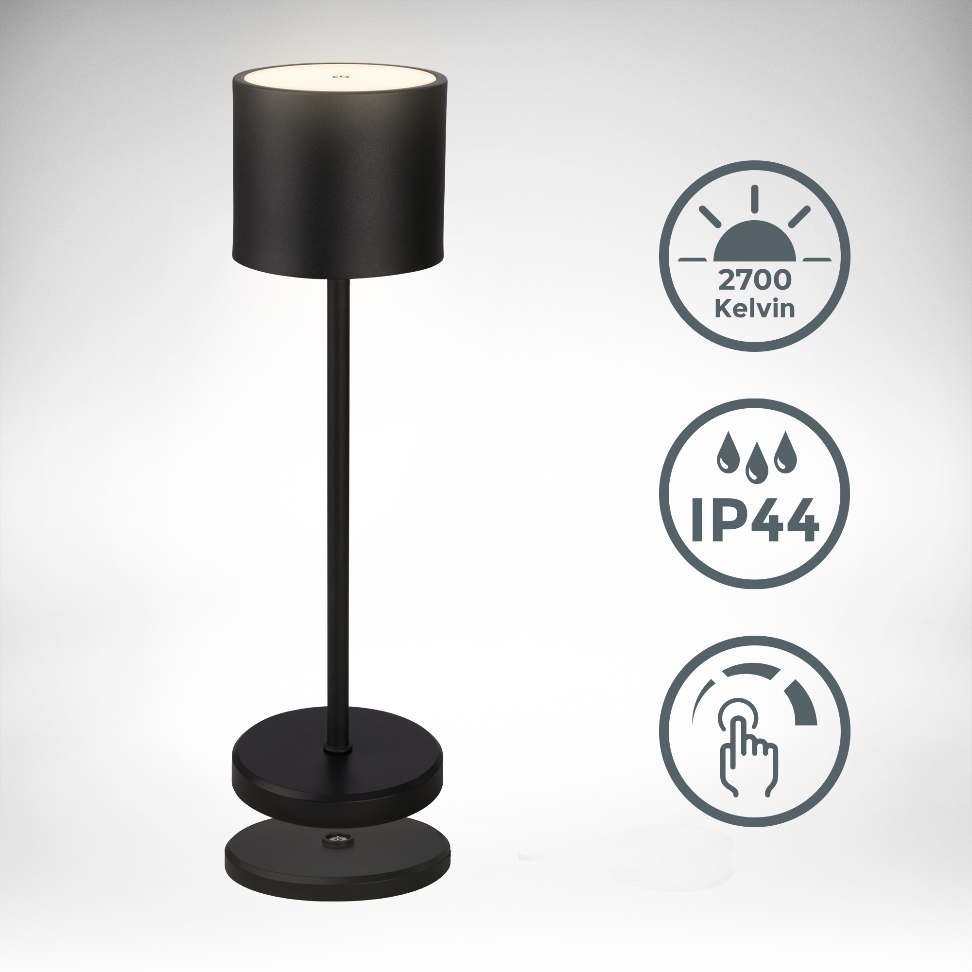 B.K.Licht Außen-Tischleuchte »BK_TL1608 Akku Tischlampe mit Ladestation, 3-Stufen Touchdimmer, IP44«, 1 flammig, Leuchtmittel LED-Modul | LED fest integriert, 3.000 K, 230 Lm, 2,5W, Akku wechselbar, max. 12h Leuchtdauer, Weiß