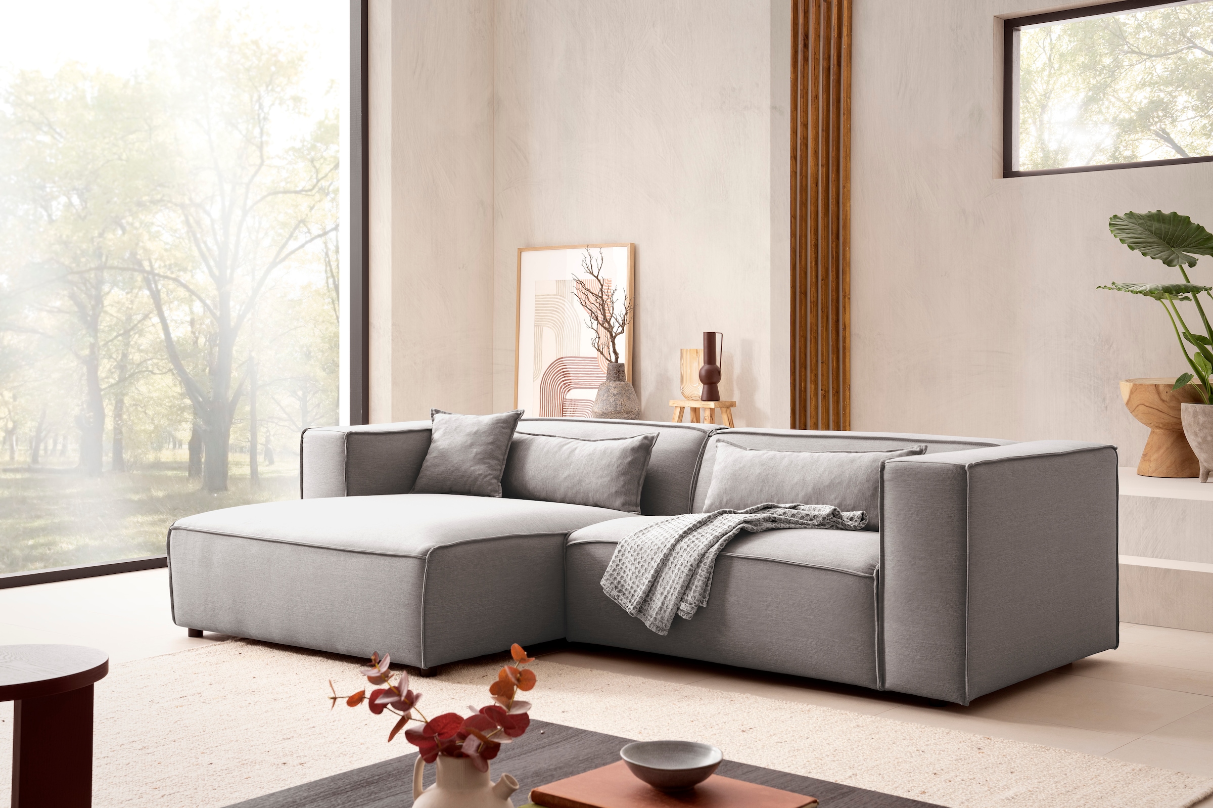 LeGer Home by Lena Gercke Ecksofa "PIARA Struktur u. Leinenoptik mit Kedernaht L-Form" wahlweise Ottomane rechts/links, schwarze Füße, bequemer Sitzkomfort
