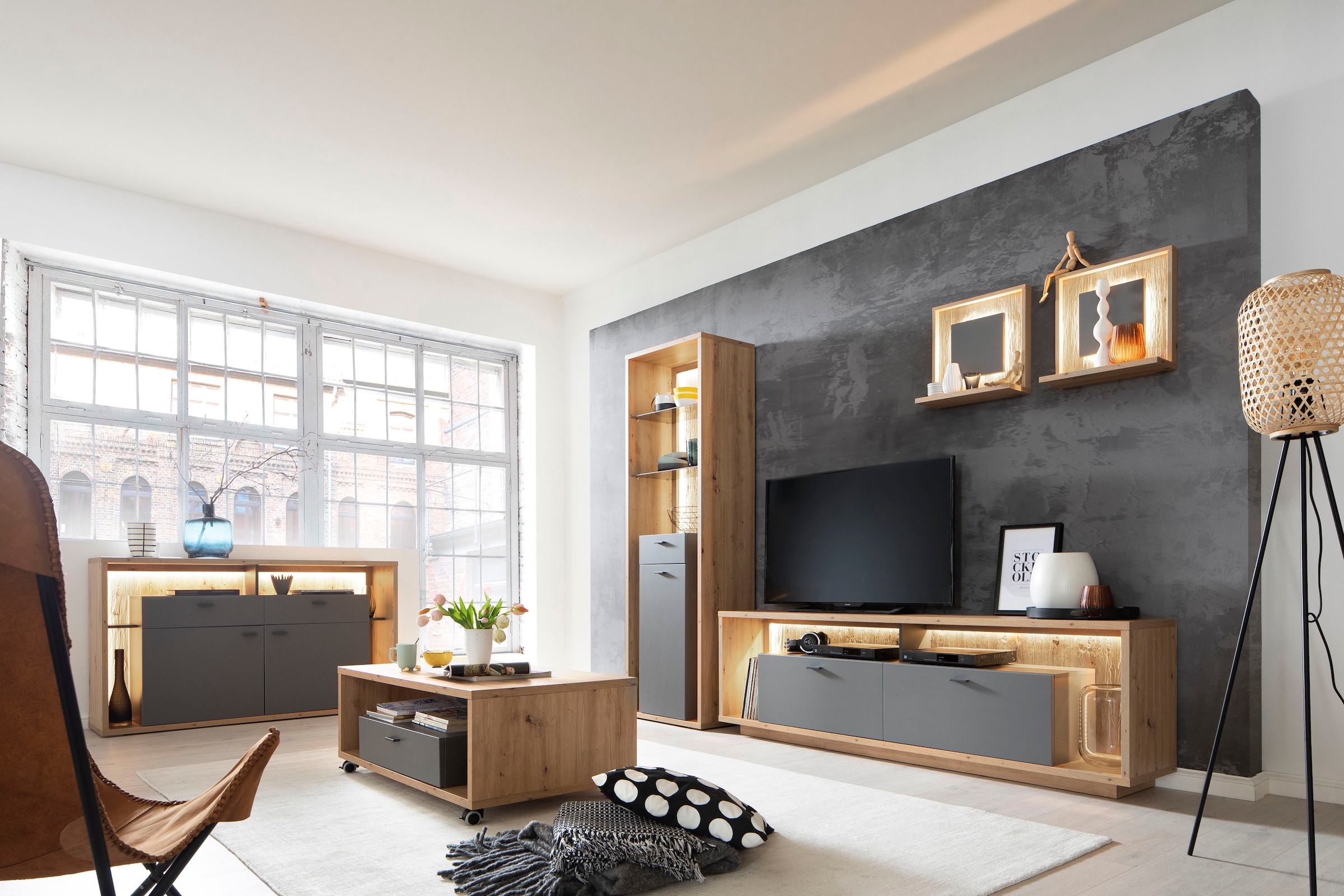 MCA furniture Wohnwand »Lizzano«, (Set, 4 St.), im modernen Landhausstil  mit 3-D Rückwand, wahlweise mit Beleuchtung kaufen | BAUR