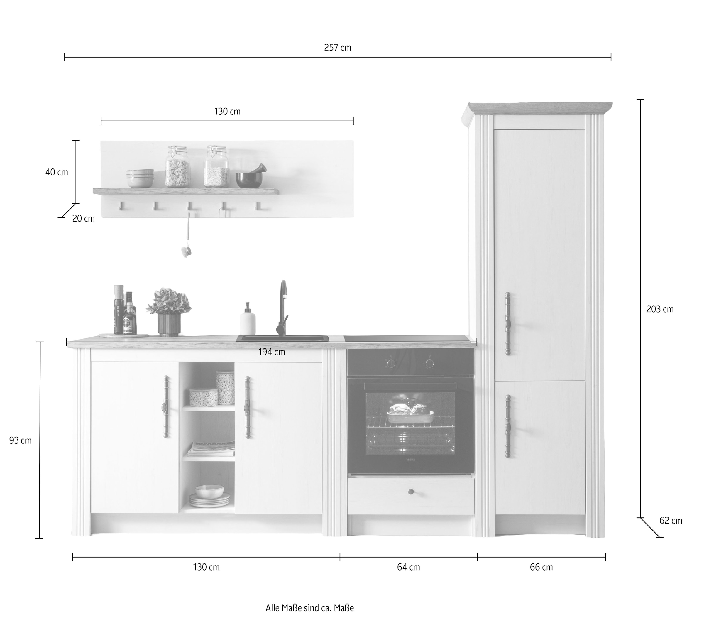 KOCHSTATION Küchenzeile »KS-Westminster, Pantryküche im Landhaus Stil, hochwertige Metallgriffe«, (Set), Breite 257 cm, Kommode, Wandpaneel, Stauraumschrank, Herdumbau