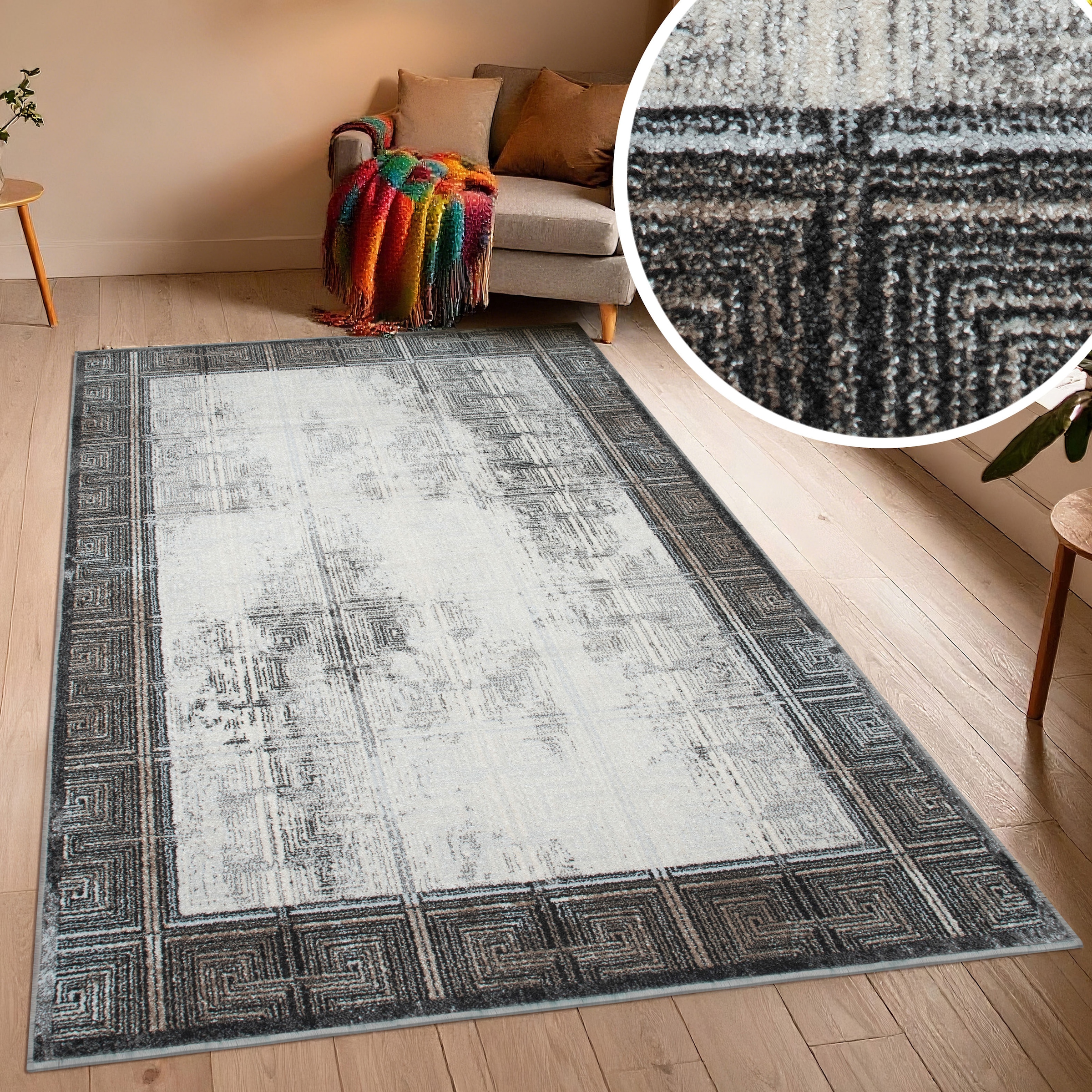 OTTO home Teppich »Aurellia, mit Rahmen« rechteckig 9 mm Höhe im Vintage-Look, meliert, Bordüre, zeitlos, Wohnzimmer, Schlafzimmer