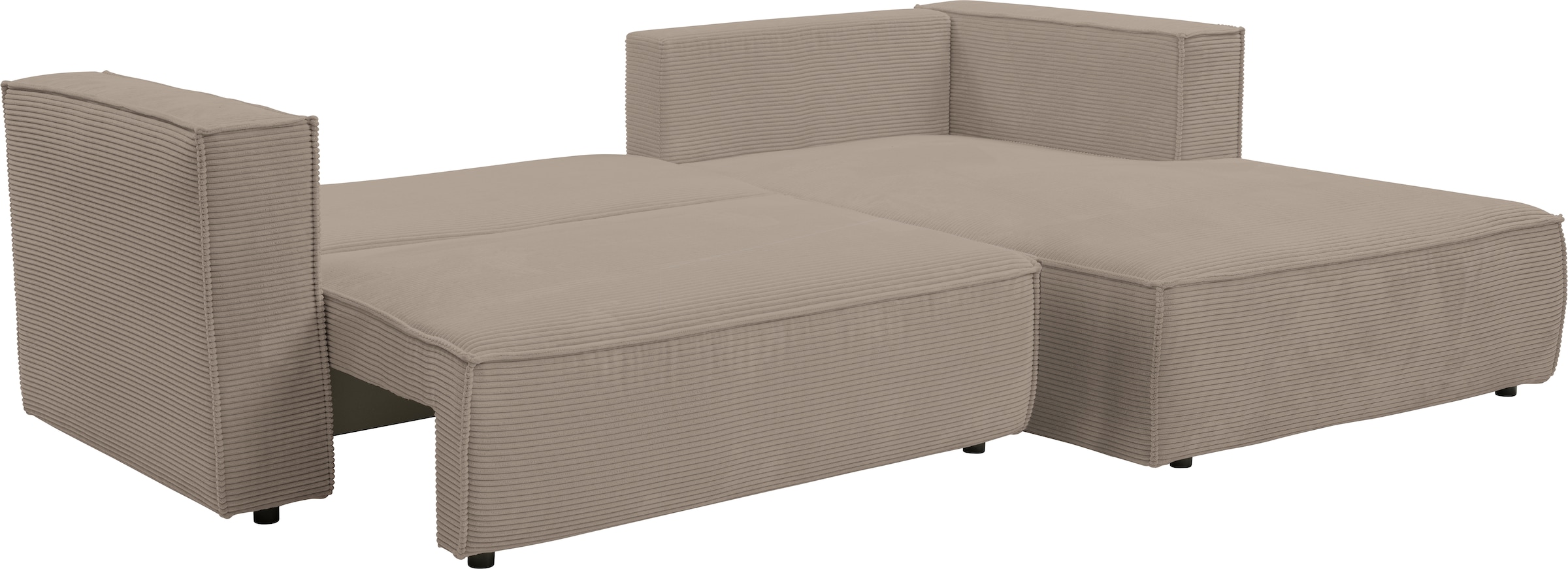 WERK2 Ecksofa »Atlanta-New, modernes Design, Stellmaße 280x147cm, L-Form, Kedernaht«, hoher Komfort, Schlaffunktion & Bettkasten, Cord, Greige