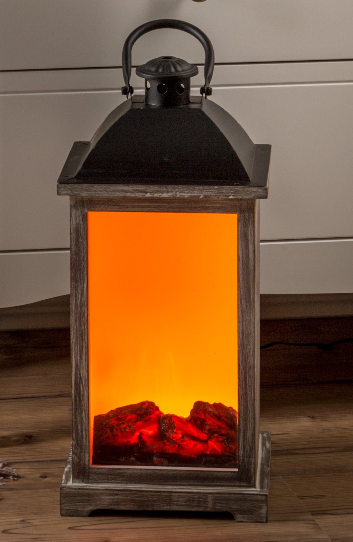 Holz-Laterne mit Kamineffekt und Trafo für Netzbetrieb inklusive