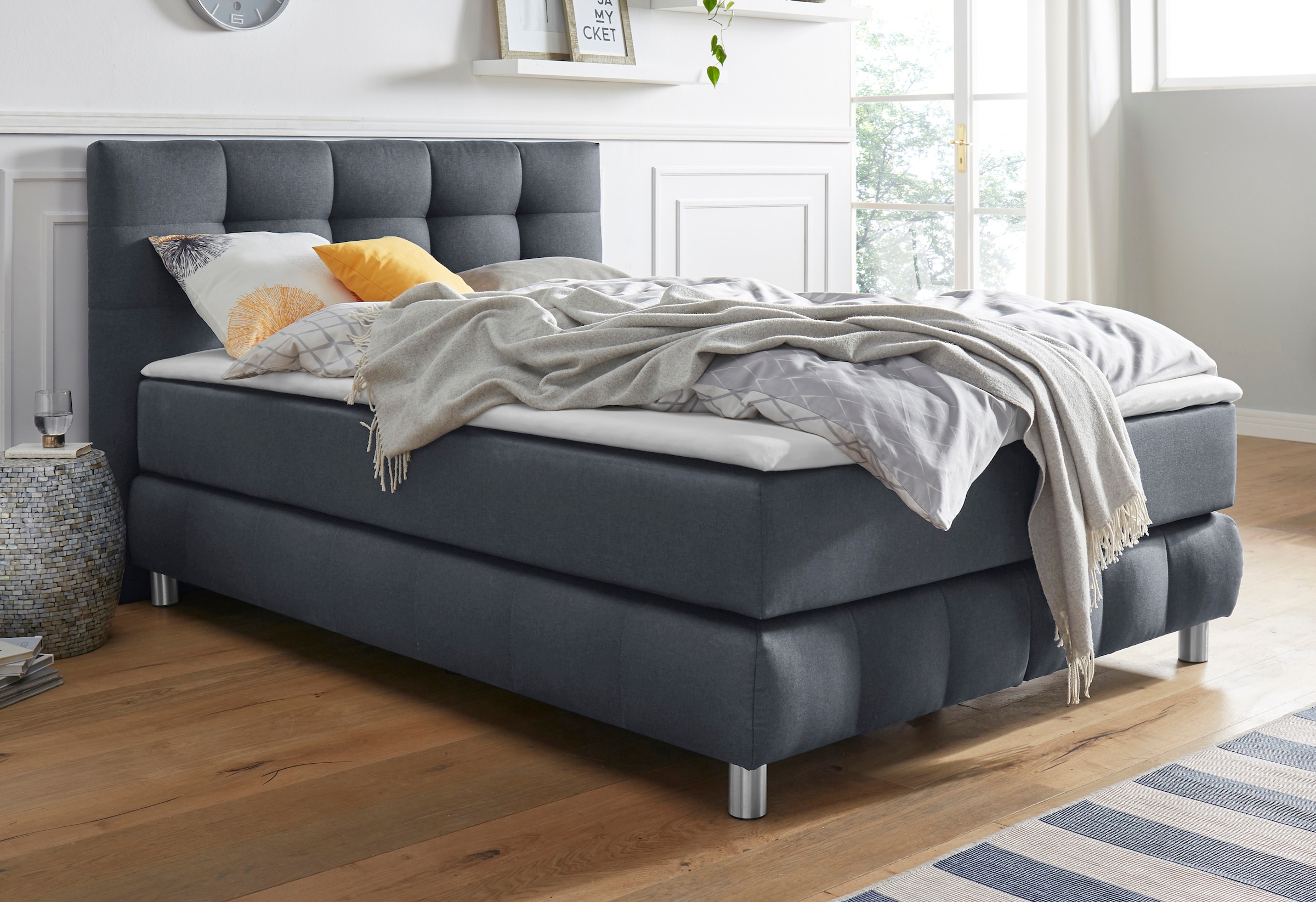 Boxspringbett HOME AFFAIRE "Salo", grau (anthrazit), B:154cm L:211cm, Struktur (100% Polyester);Bezug der Spiegelfläche Matratzendrell aus 100% Polyester;Samtoptik (100% Polyester), Komplettbetten, Boxspringbett, incl. Topper, 6 Breiten, 2 Härtegrade, TFK 10