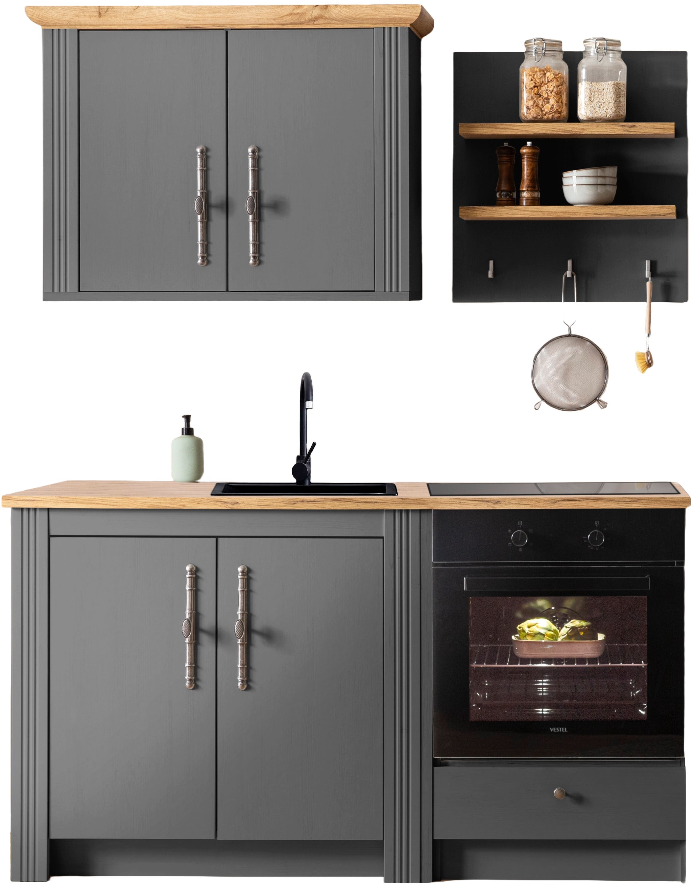 OTTO home Küchenzeile "KS-Westminster, Pantryküche im Landhaus Stil, hochwertige Metallgriffe" Set, Breite 164 cm, Kommode, Wandpaneel, Hängeschrank und Herdumbau