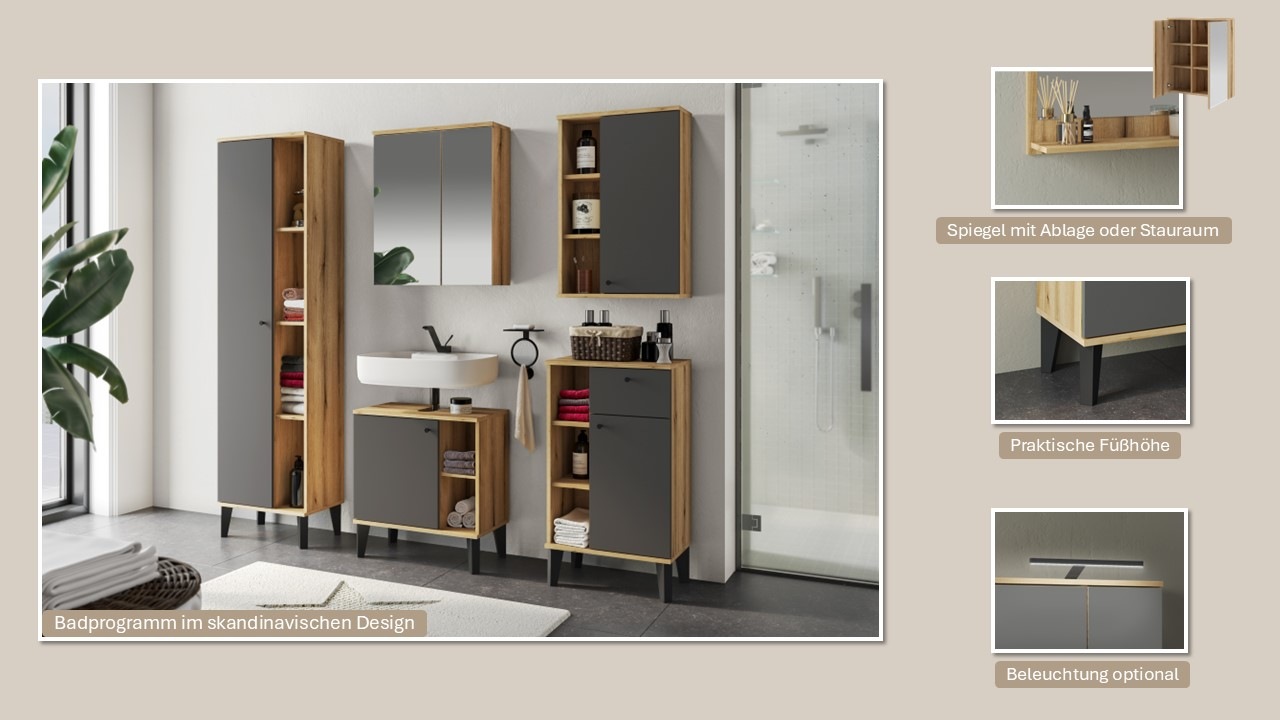 Thumbnail - INOSIGN Badmöbel-Set "OSLO, Bad im skandinavischen Design, 2-teiliges Badezimmer" Set, 2 Stk. tlg. Unterschrank und Spie...