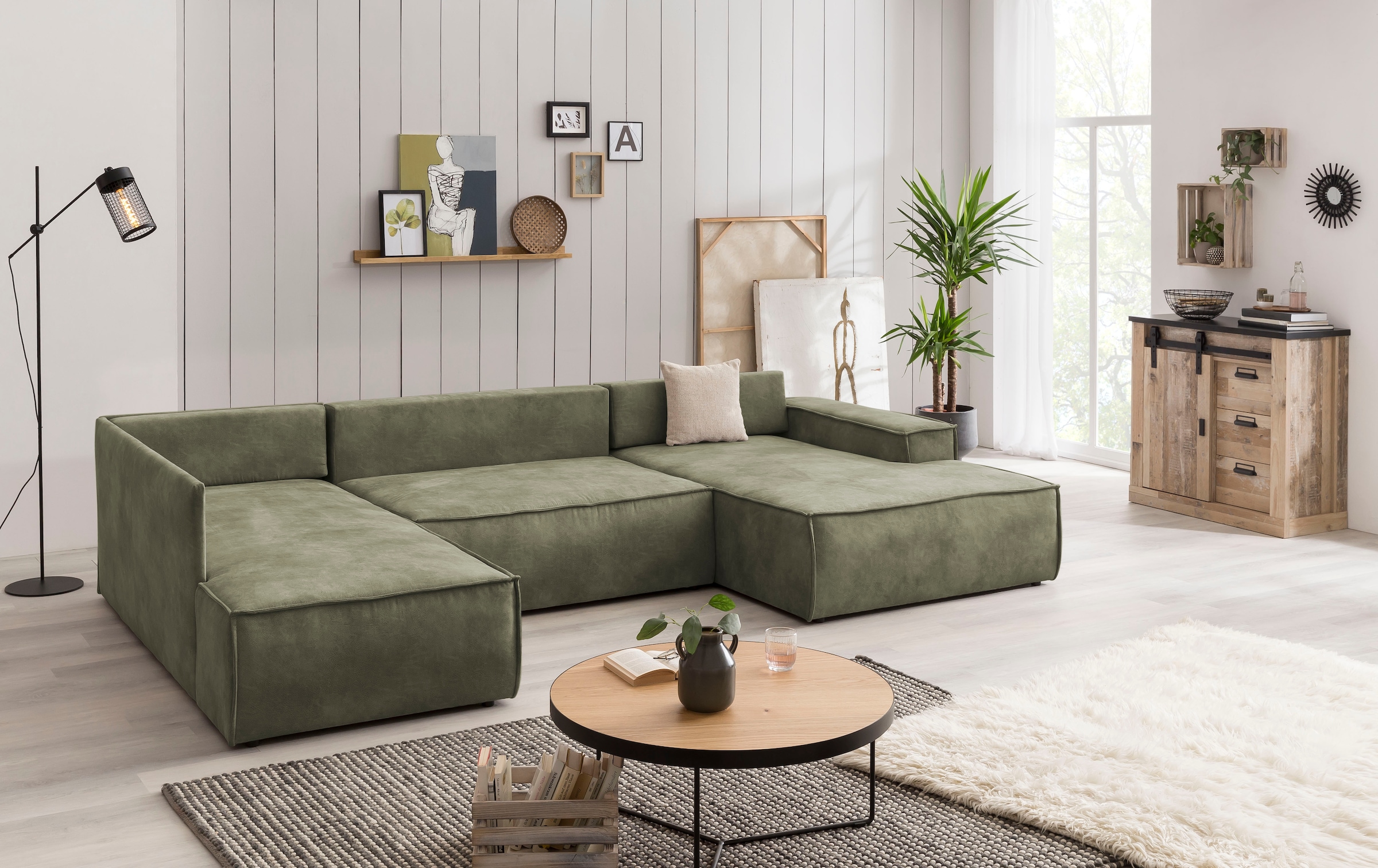 Home affaire Wohnlandschaft »SHERWOOD 329 cm, U-Form, Schlafsofa,«, Schlaffunktion m. Bettkasten (194x139 cm), Cord, Vintage, Samtvelours