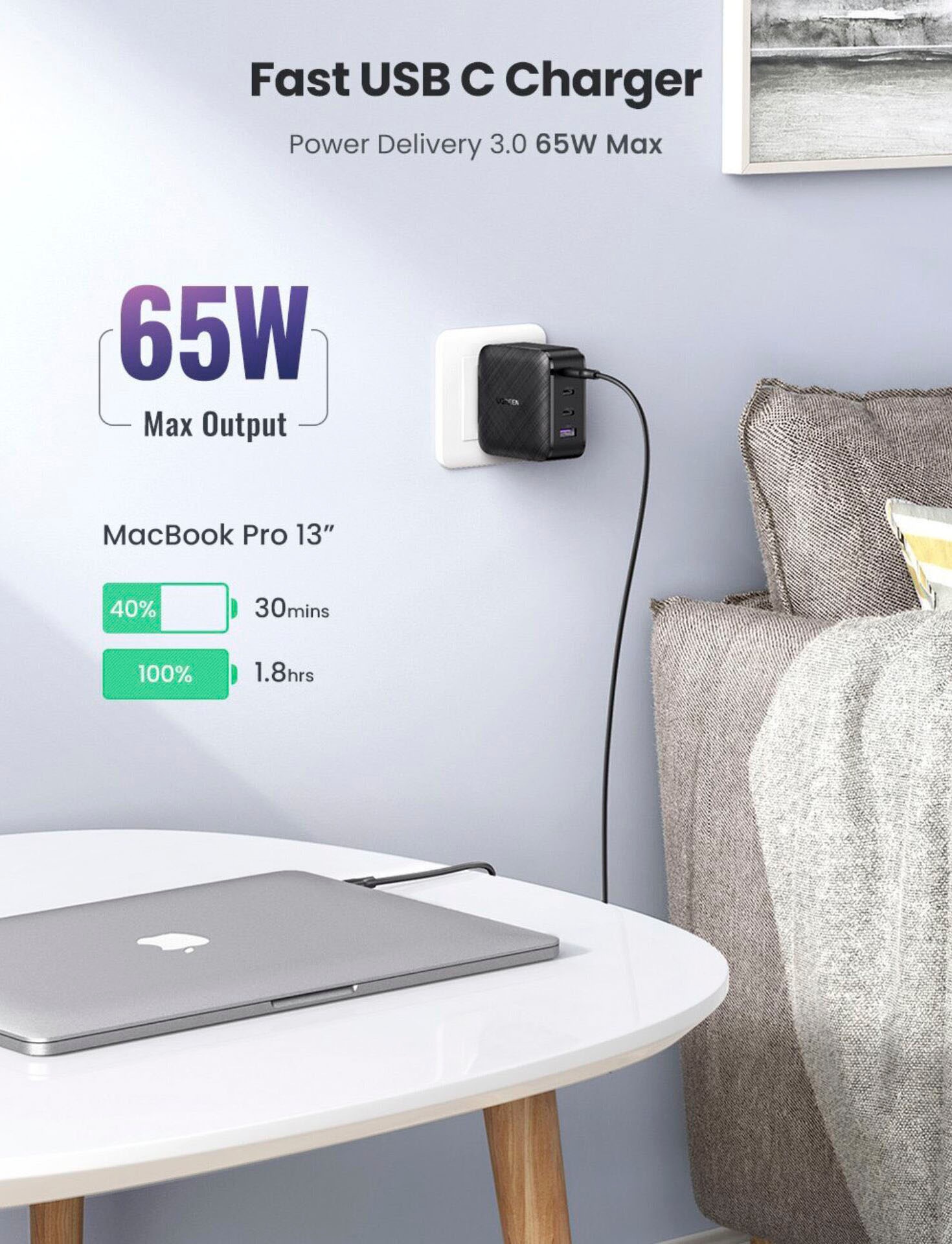 UGREEN USB-Ladegerät »1xUSB-A + 3xUSB-C 65W GaN Tech Fast Wall EU«