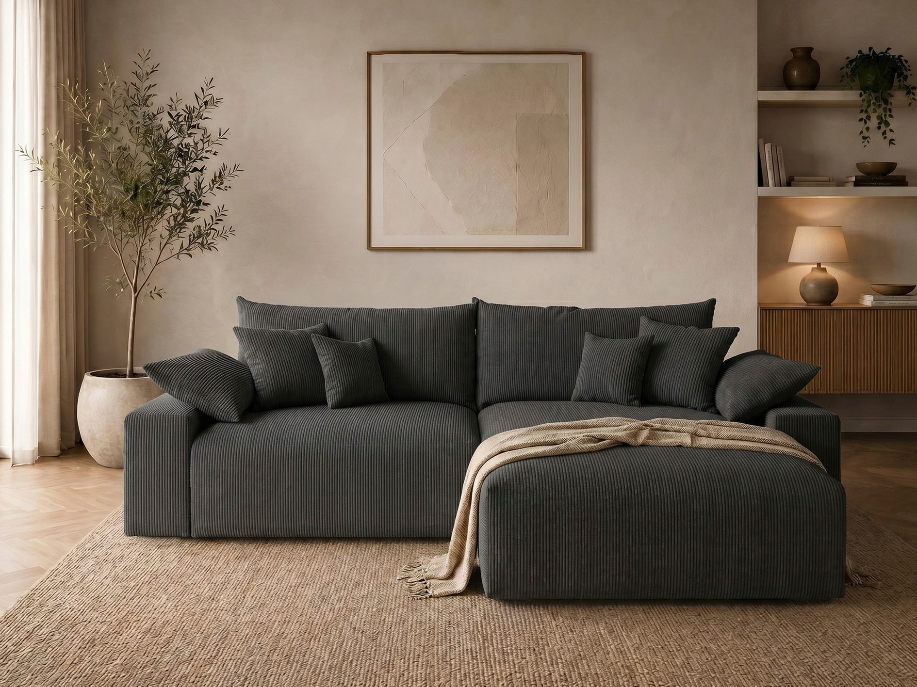 OTTO home Ecksofa "Amici L-Form, B: 302 cm, Mega-Sofa in Boucle und Cord" Couch mit Federkern & 6 Zierkissen, frei stellbar
